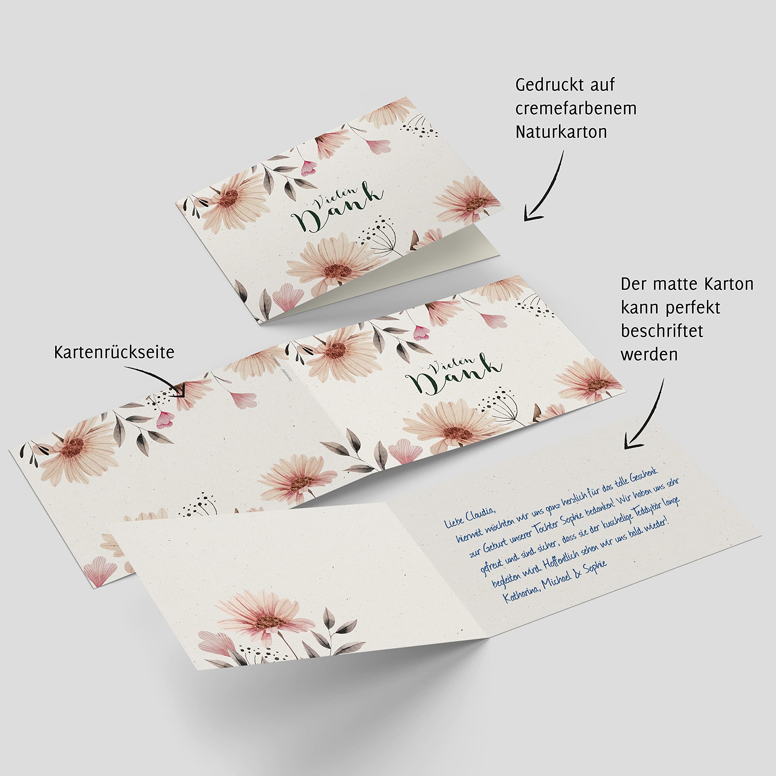 CherryCards Set Di 20 Biglietti Di Ringraziamento Con Buste, Formato A6, Motivo Prato Fiorito, Carta Naturale 300g/m²