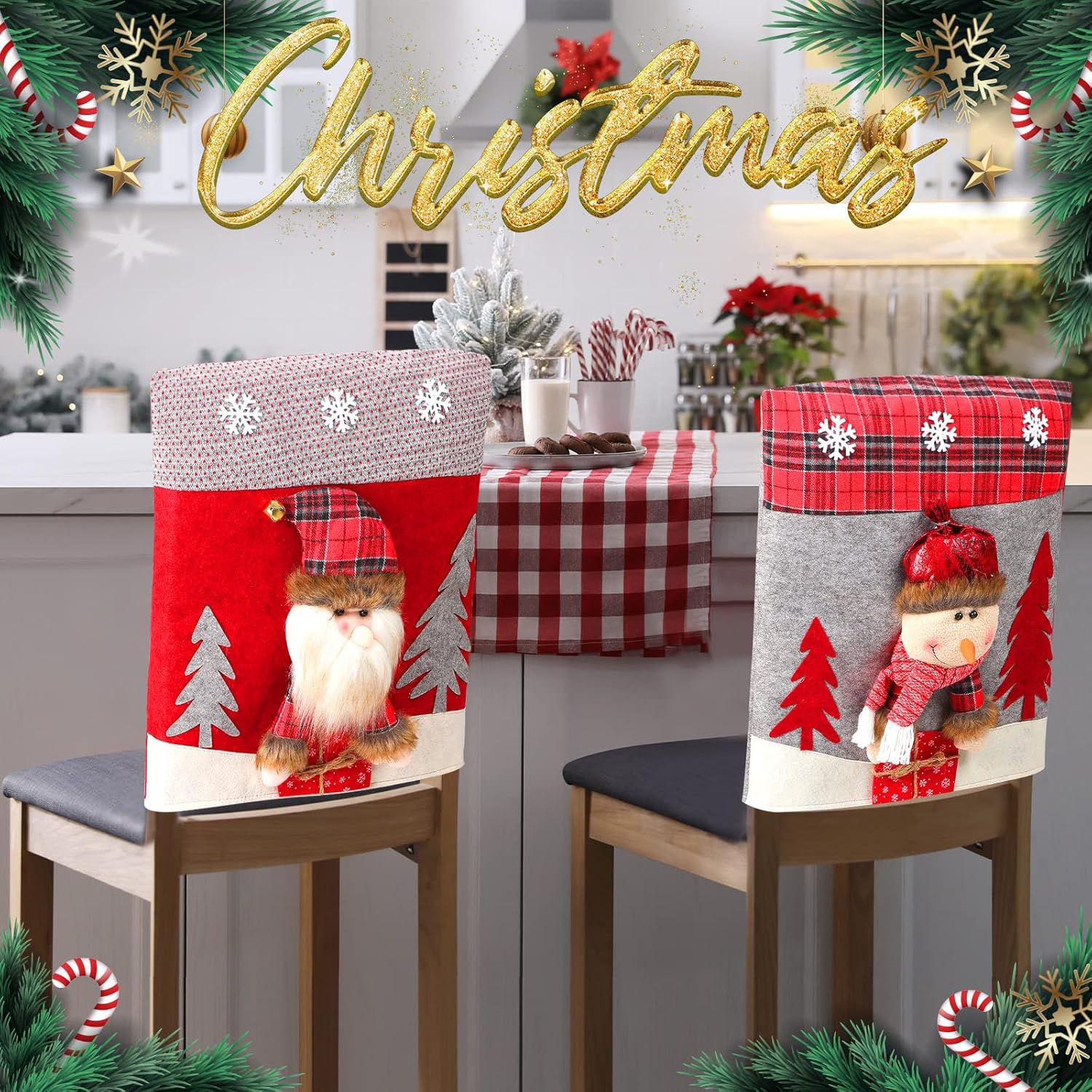 Christmas Chair Back Covers Dining Table Chair Slipcovers Christmas Plush Stuffed Santa Claus Snowman Reindeer Chair Covers Set for Holiday Decor, Christmas Party Banquet Home Decoration (Cool, 2 Pcs)