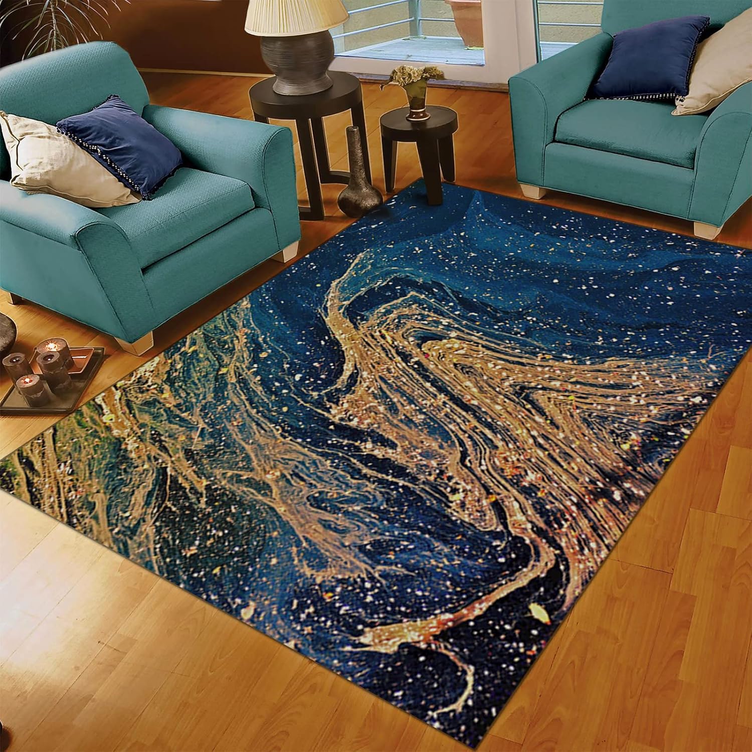 Luxury Starry Blue Marble Area Rug, Nordic Gold