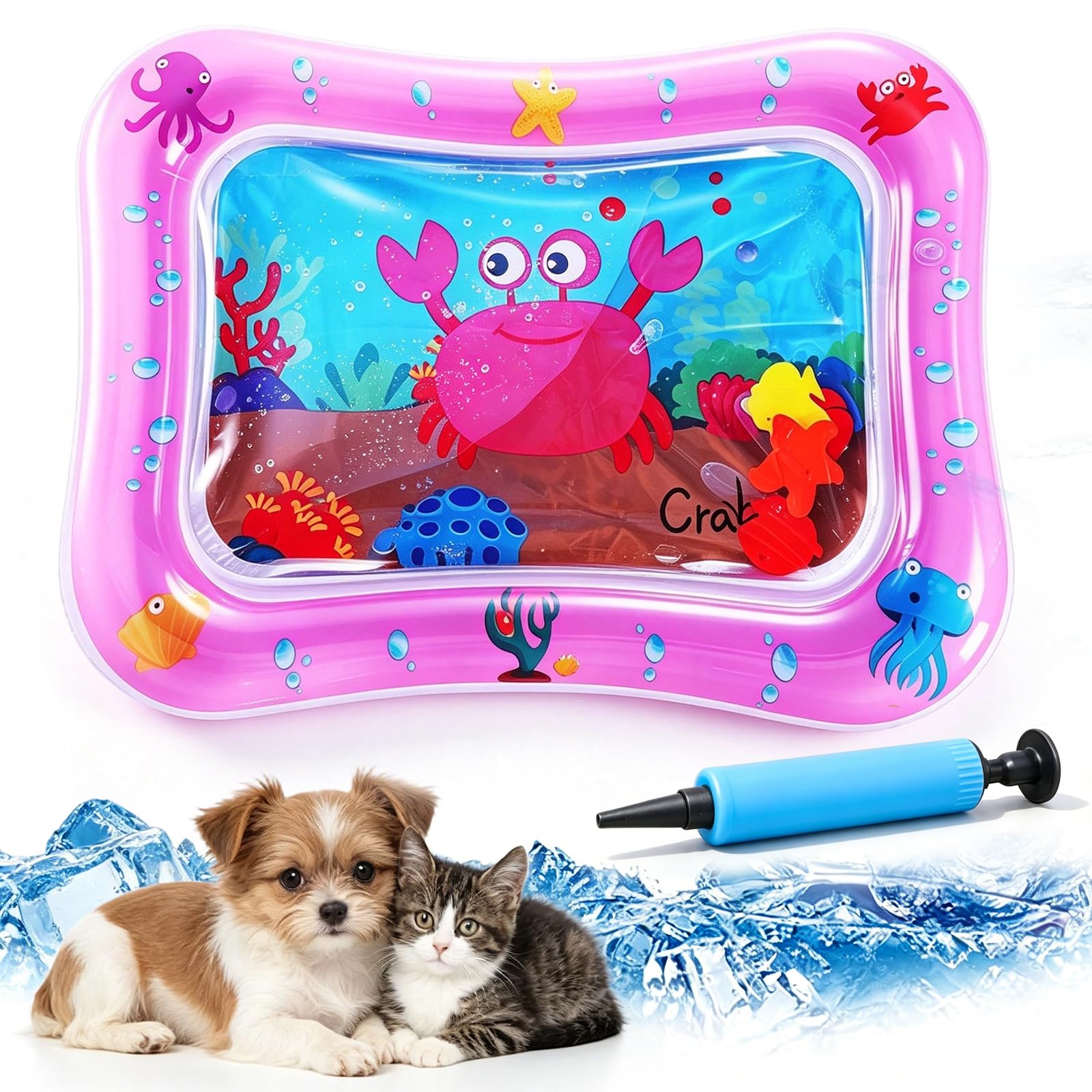 Pet Water Sensory Mat, 37.4" Large Cat Water Mat with Floating Fish, Interactive Cooling Mat for Cats & Dogs, Thickened Leak-Resistant Water Play Mat, Indoor Outdoor Pet Enrichment Toy (Square-1)