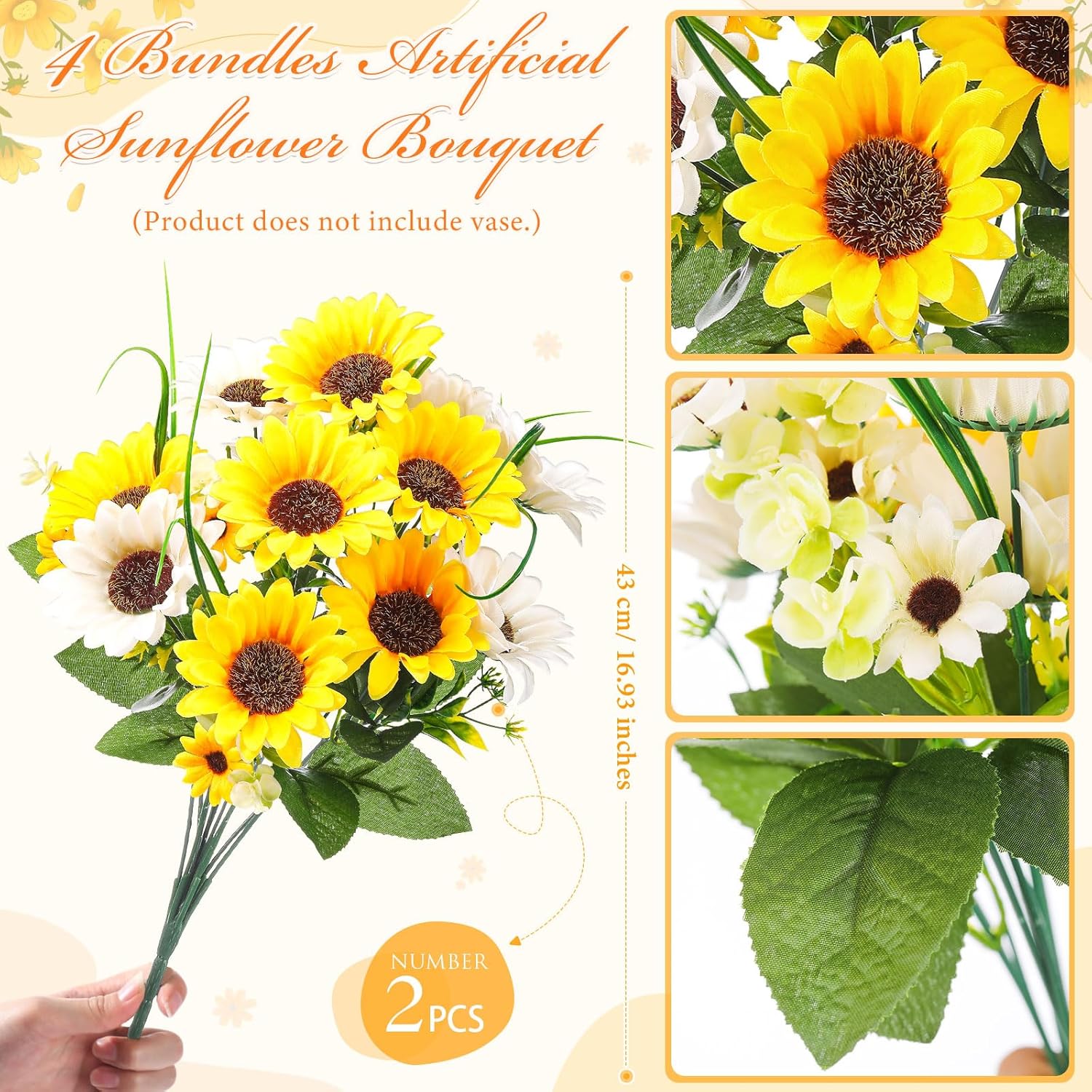 Giegxin 4 Bundles Memorial Day Sunflower Cemetery Flowers for Grave Vase Artificial Memorial Flower Bouquet 19.7Inch Fake Silk Floral Arrangement for Headstone Gravesite Outdoor (Sunflower)