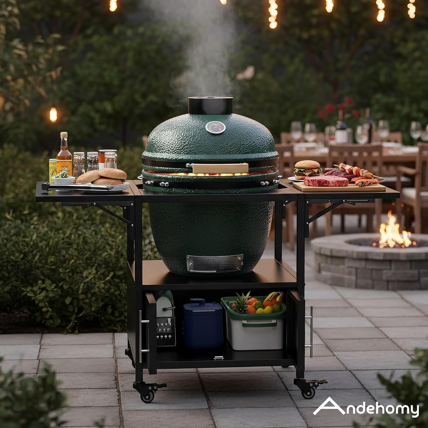 Outdoor Grill Cart for Big Green Egg Style BBQ, Metal Grill Table with 2 Folding Panels, Compatible with up to Large Green Egg, Kamado Joe Jr