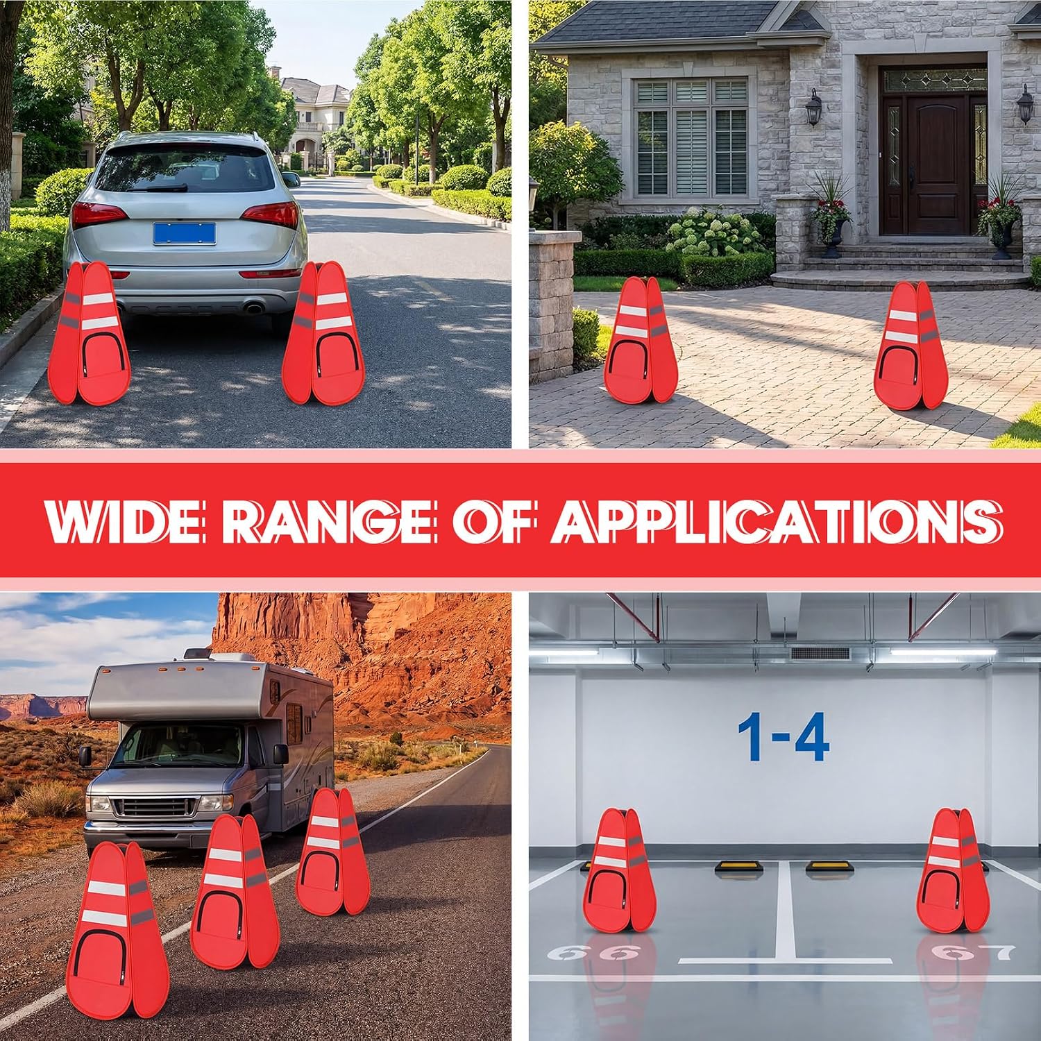6 Pcs 28 Inch Collapsible Traffic Safety Cones & 6 Pcs Sand Bag Pop-up Parking Cones with Reflective Collar 4 Side Multi Purpose Foldable Pop up Cone for Road Parking Lot Driving Practice