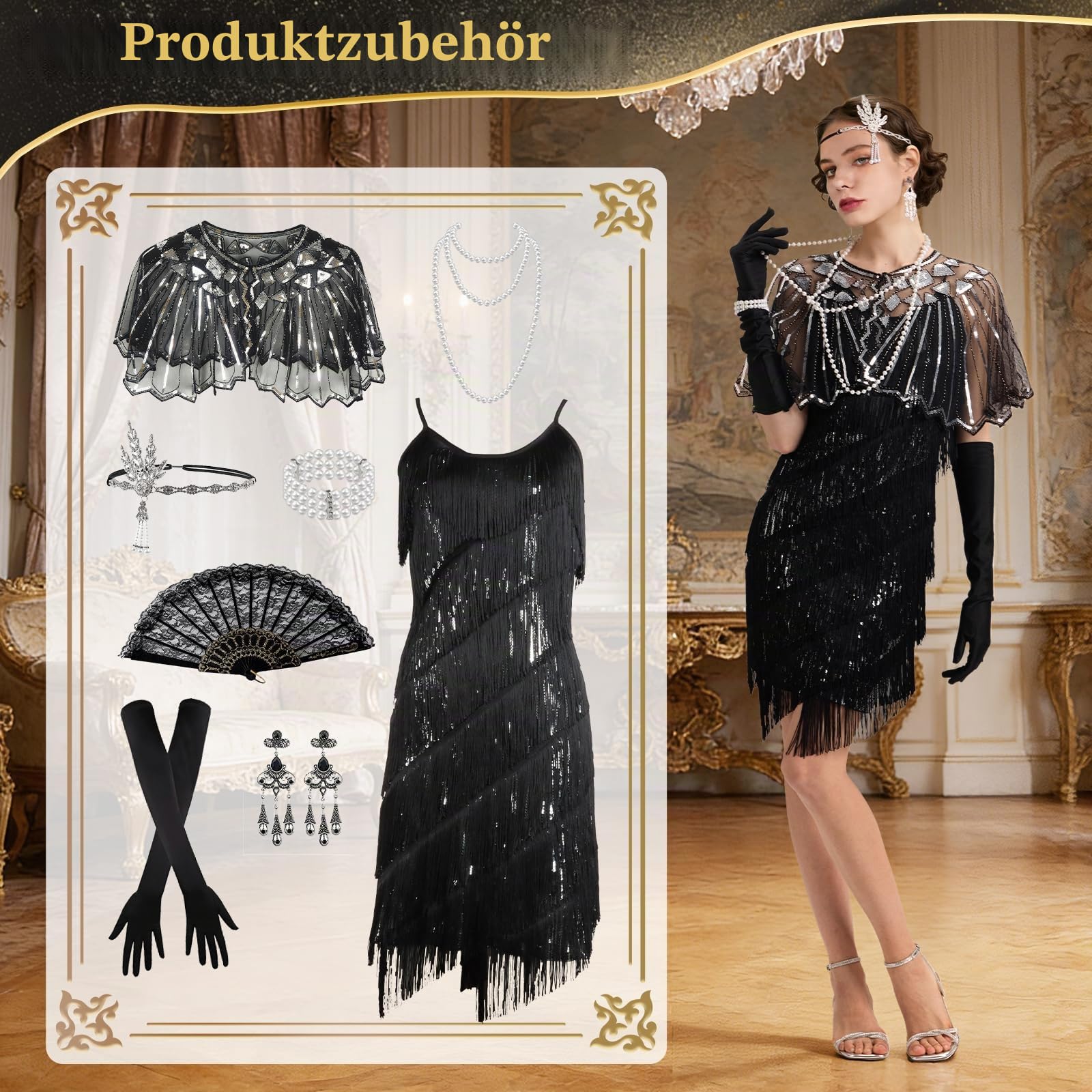Joellfuner 20er Jahre Kostüm Damen, Gatsby Fransen Kleid Damen, Charleston Flapper Pailletten Outfit mit Kopfbedeckung Handschuhen Halskette Armband Ohrringen für Halloween Karneval Fasching