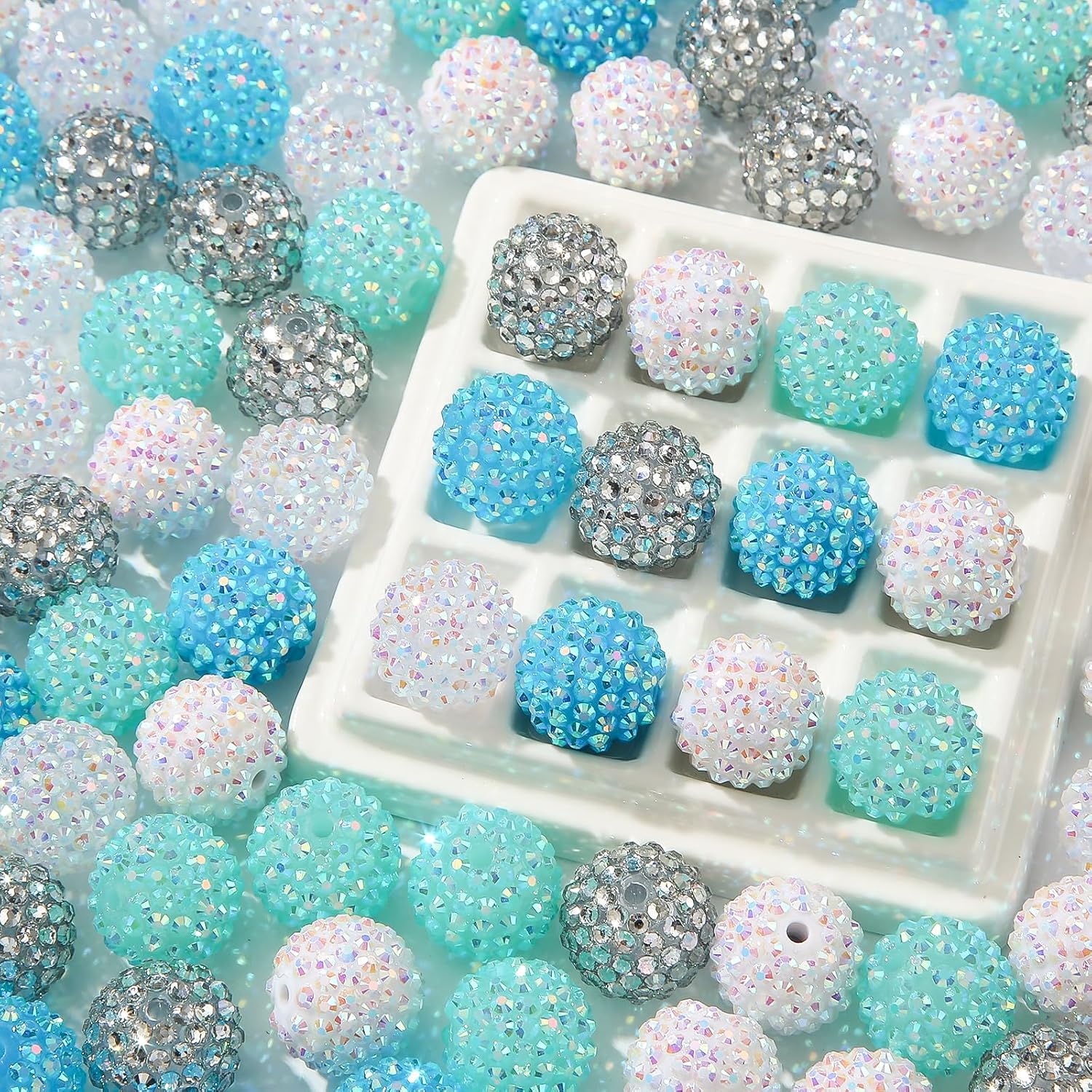20mm Rhinestone Beads 20pcs Chunky Bubblegum Beads Beadable Pen Beads Shine Disco Ball Beads Jumbo Plastic Beads for Necklace Jewelry Bracelets DIY Crafts Making (bluewhite)