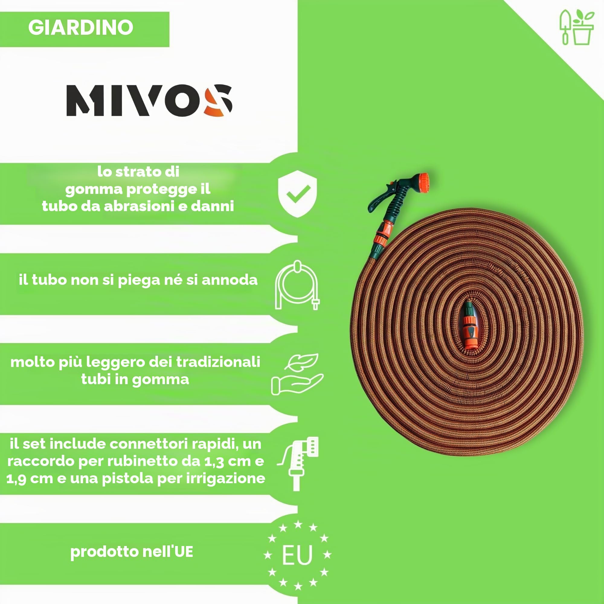 Mivos Tubo flessibile per acqua fino a 50 m di lunghezza – per rubinetti da 1/2 e 3/4 pollici – Tubo da giardino leggero e senza pieghe per irrigazione e pulizia – Tubo estensibile con doccetta da