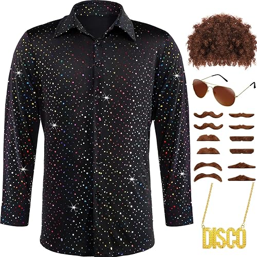 16 piezas de disfraces de discoteca de los años 70 para hombre, camisas brillantes de discoteca para Halloween, pelucas, collar, bigotes, gafas de