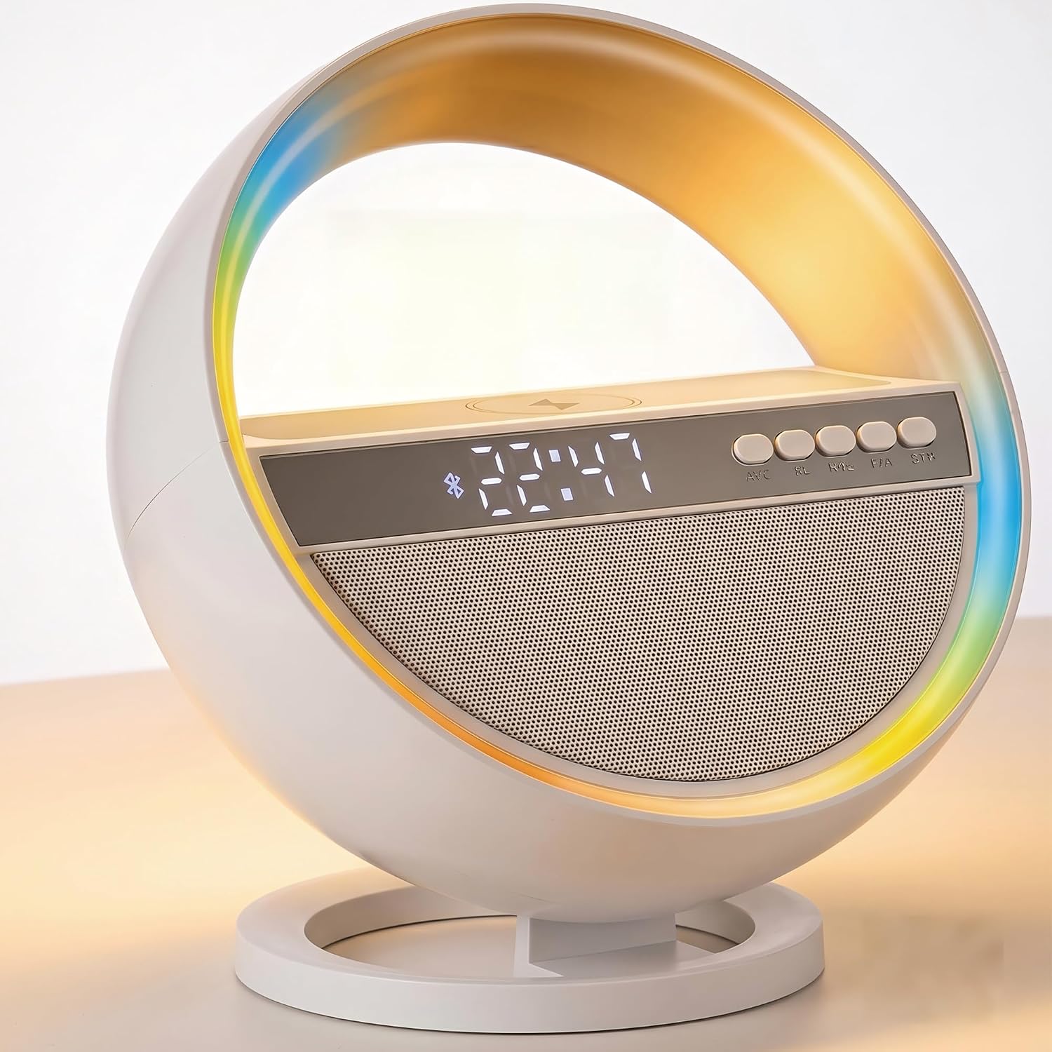 6-in-1 RGB LED Table Lamp with Bluetooth Speaker & Wireless Charging | 15W Wireless Charging, Bluetooth 5.3 Speaker, Digital Alarm Clock with Time Display, Dimmable RGB Light, Bedroom, Home