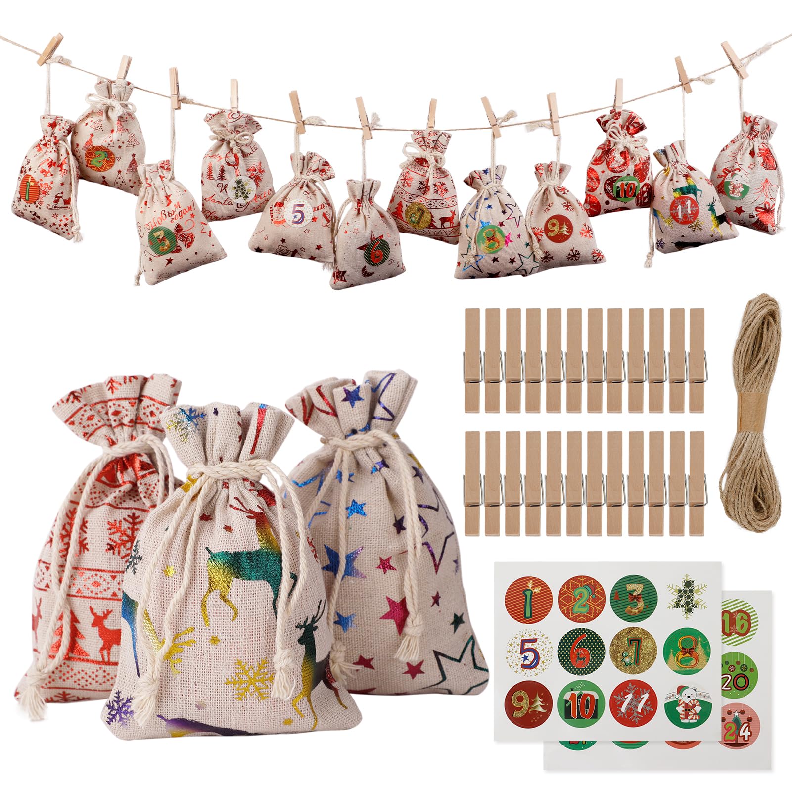 24er Adventskalender-Set, DIY-Glitzer-Weihnachtsdeko mit Süßigkeiten-Geschenktasche, Aufhängekalender und Geschenkbeutel für Xmas, 24 nummerierte Fächer für täglichen Countdown bis Heiligabend