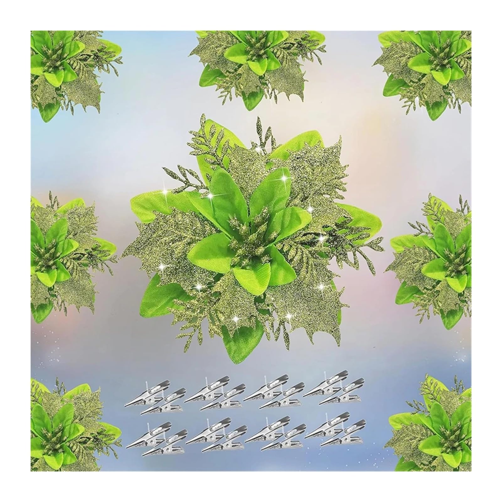 CVEVSFG 2/5Pcs 14cm Glitter Artifical Flowers Mreey Tree Decor Happy Year Ornaments Xmas Fake Natal(Green,2Pcs)