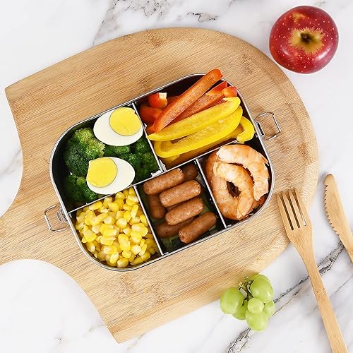 Miniatura 5 de UPTRUST Lonchera Bento de acero inoxidable, 5 compartimentos, contenedor grande de metal de 47.3 fl oz, para niños o adultos, con clips bloqueables