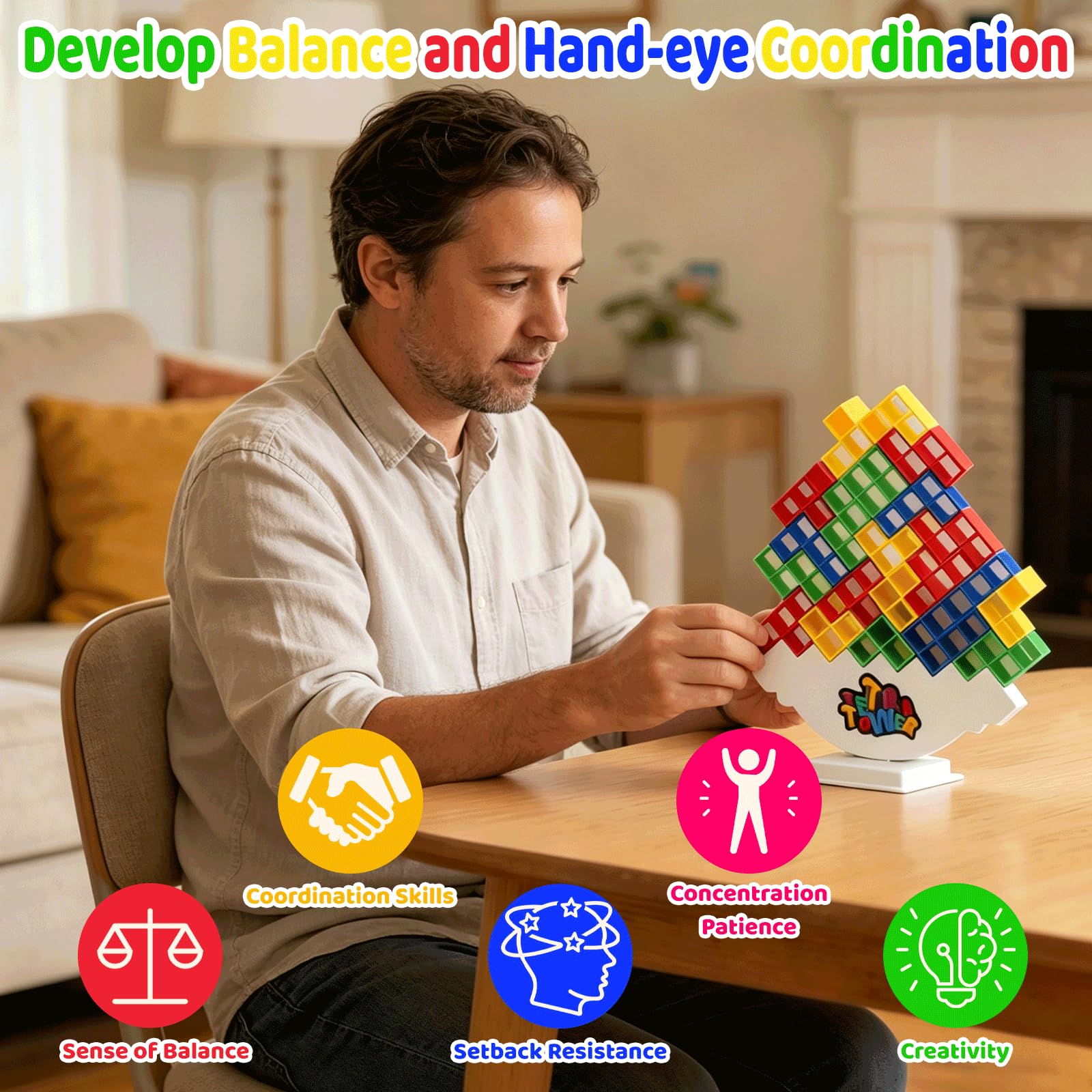 64 Pièce Tetra Tower, Jeu d'Empilage Tetra, Stack Attack, Jouet d'Équilibre pour Adultes, Blocs de Construction, Éducatifs Cadeaux pour Jeux de Famille, Fêtes, Voyages