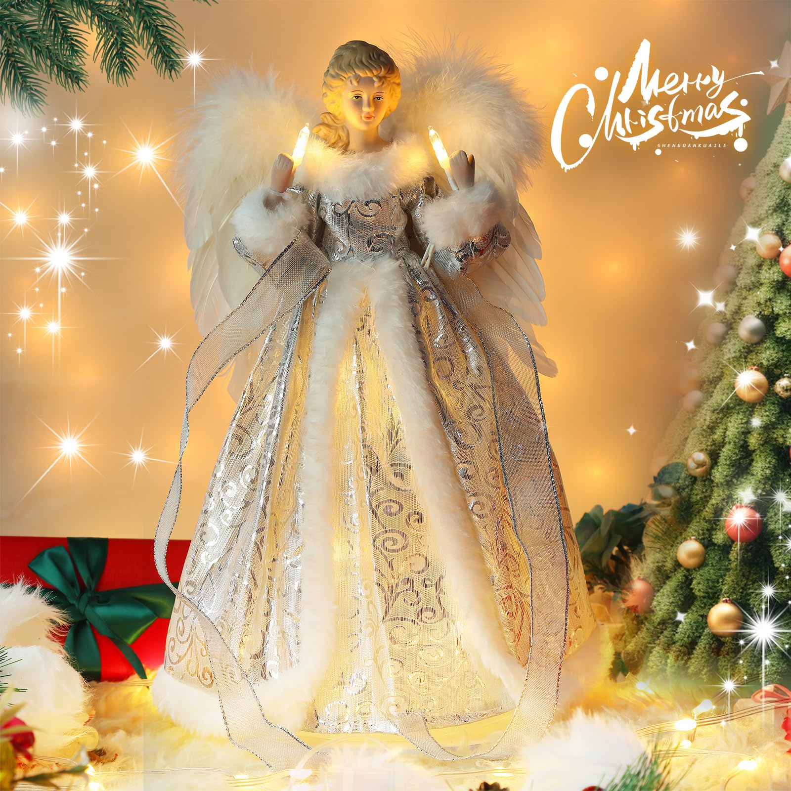 MACTING 14'' Angel Tree Topper with White Feather Wings and Silver Skirt, Christmas Tree Topper with LED Light for Xmas Tree Top Decor Holiday New Year Home Ornament Decorations