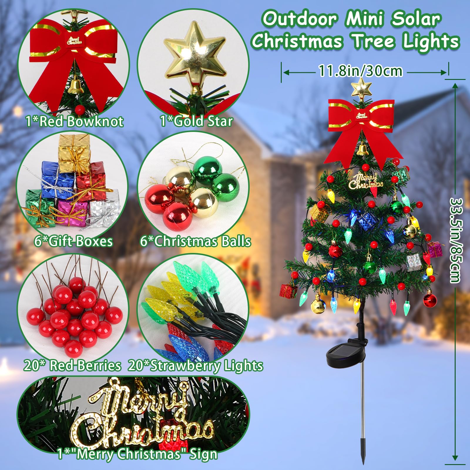 4 Set Solar Christmas Tree Solar Christmas Lights Outdoor with LED Waterproof Pathway Light Solars Xmas Lights Decorations with 80 Strawberry Lights Xmas Tree Stake Light Garden Lawn Patio Decor - Image 3