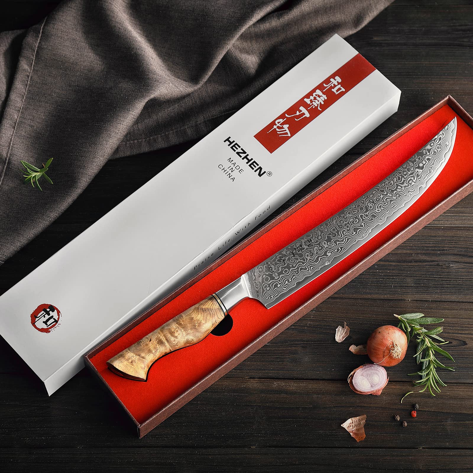 HEZHEN 10-Inch Slicing Knife with Granton Edge –67 Layers Damascus Steel, Professional Carving Knife for Brisket, Roast & BBQ, Figured Sycamore Handle — Amazon image 8