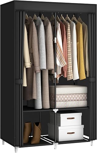 Armario portátil de 35 pulgadas para habitación pequeña, organizador de ropa con cubierta de tela no tejida, 2 varillas para colgar ropa y 4