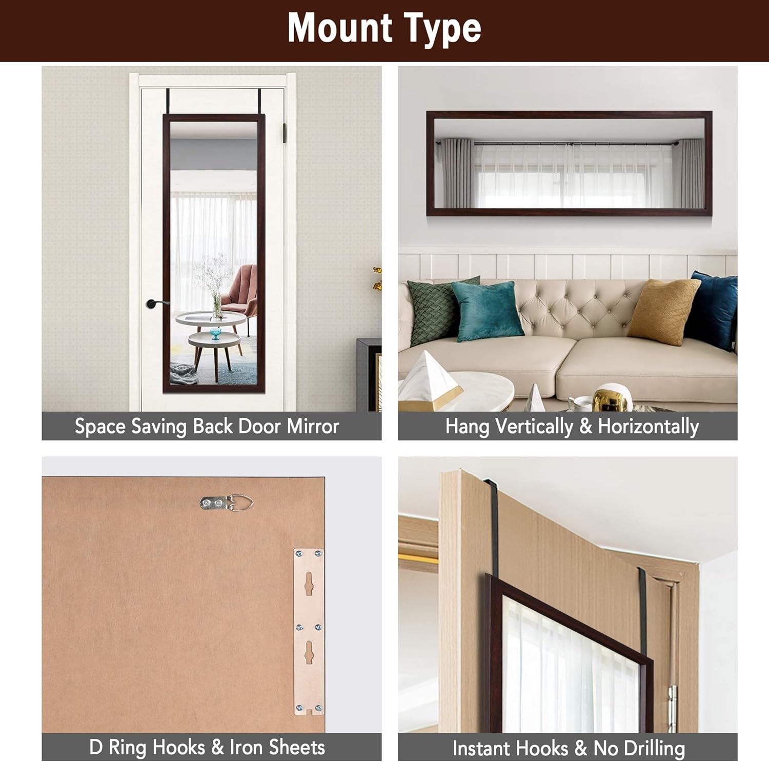 YIROCK Ardour Van BEHOME Door Mirror, Full Length Mirror, 18"x51" Over The Door Mirror Door Hanging Mirror, Wall Mirror for Home and Office - Brown