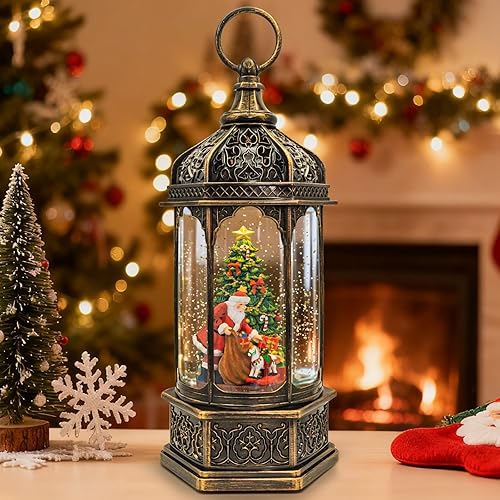 Miniatura 16 de Globo de Nieve Navideño con Linterna, Decoraciones de Navidad de Santa Claus y Renos para Interior, Globos de Nieve Musicales Iluminados con Árbol