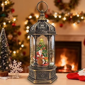 Christmas Snow Globes Lantern, Santa Claus & Gift Piles Christmas Decorations Indoor, 6H Timer Battery & USB Powered Light Up Musical Snow Globes for Kids Women Adults Gift Thanksgiving Home Decor