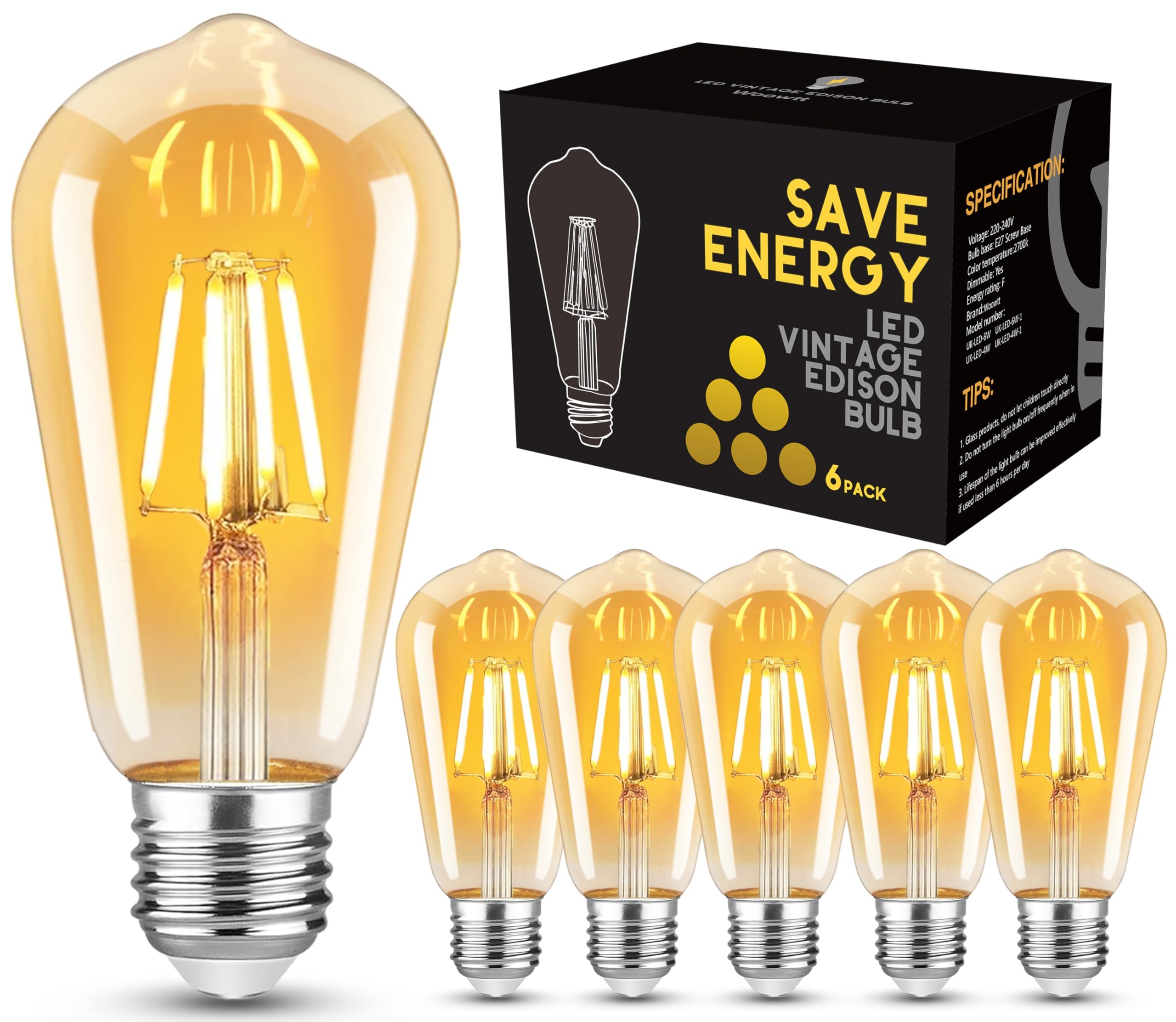 – Vintage Light Bulbs Screw, 4W E27 Edison Led Bulb 40W Equivalent, Dimmable Edison Screw Bulb Retro Style Led Filament Lamp, 400LM, Pack of 6