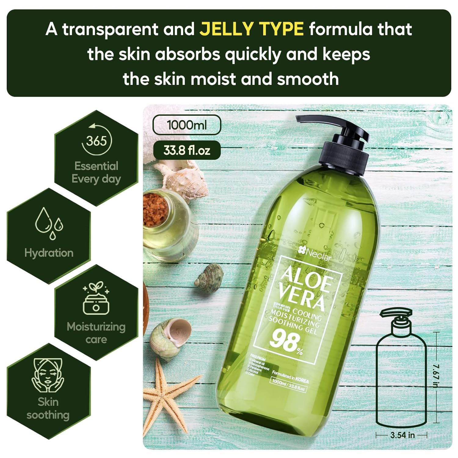 98% Pure Aloe Vera Gel for Sunburn Relief - Big 33.8oz / 1000ml - For Face, Skin and Hair - After Sun Care lotion - Sun Burn Moisturizer Cream (33.8 Fl oz)