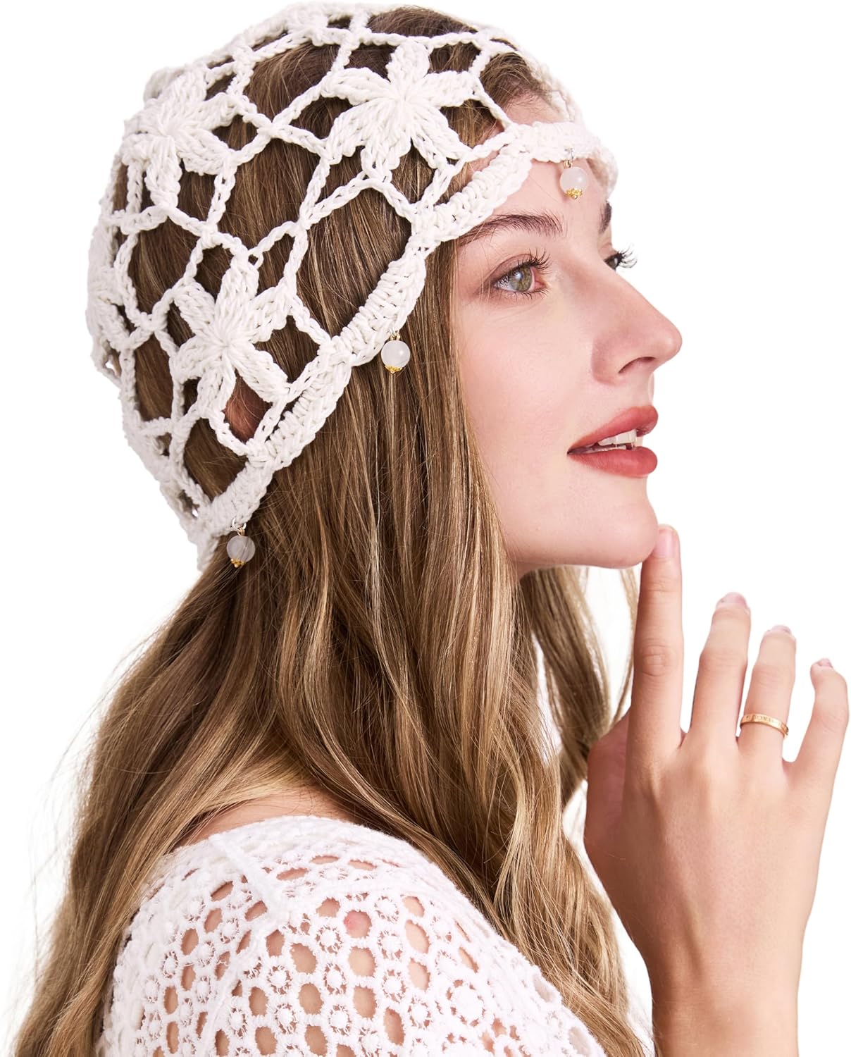 ZLYC Women Cotton Crochet Skull Cap Handmade Knit Cutout Floral Beanie Hat