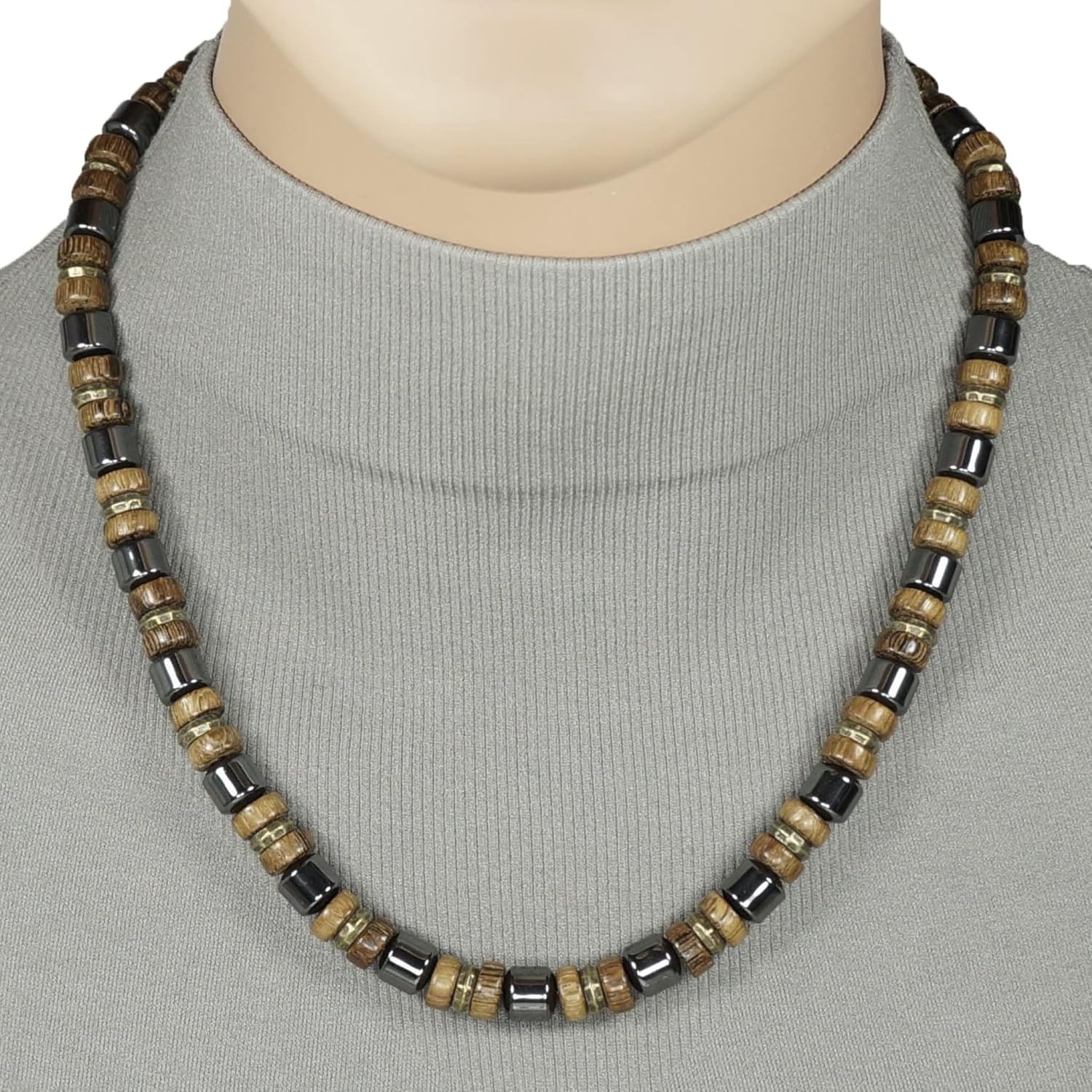Handmade Men’s Hematite and Wood Beaded Necklace – 16, 18, 20 or 24 inch
