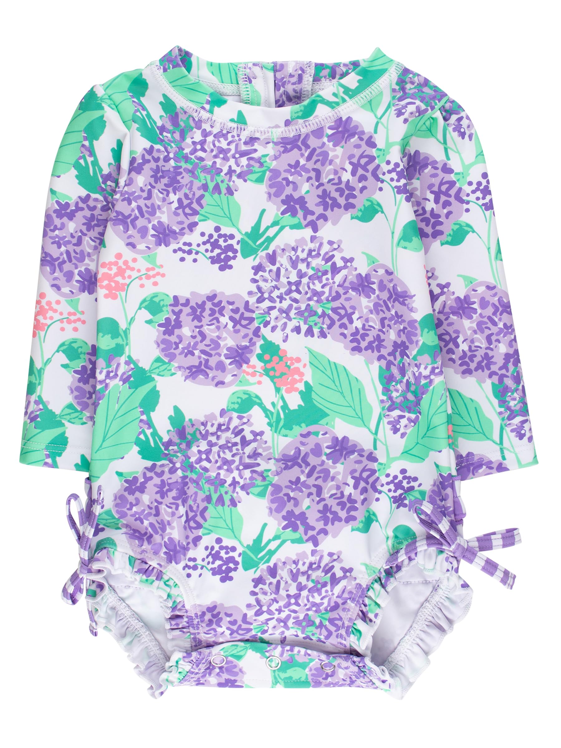 RuffleButts Baby Girls Novelty Baby One Piece - Rash Guard Swimsuit | 80% Nylon 20% Spandex, UPF 50+, Lightweight, Medium Stretch, Full Seat Coverage, Bottom Snaps, Unlined, Infant Beach Swim