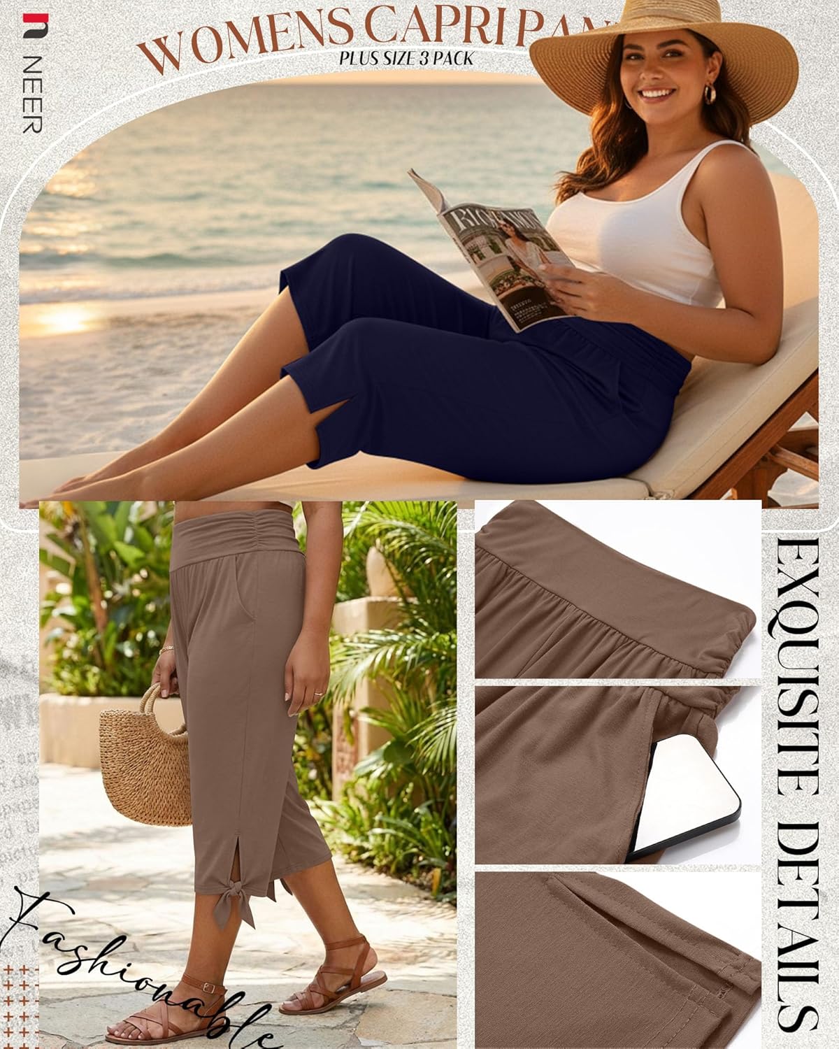 Neer 3 Pack Women's Plus Size Cotton Capri Pants High Waisted Wide Leg Loose Lounge Yoga Cropped Sweatpants with Pockets - Image 2