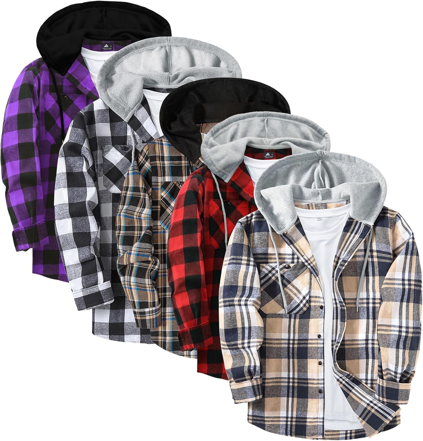 ZITY 5 Pack Men's Flannel Hoodie Shirts Button Down Long Sleeve Casual Stylish Plaid Hooded Shirt with Pocket