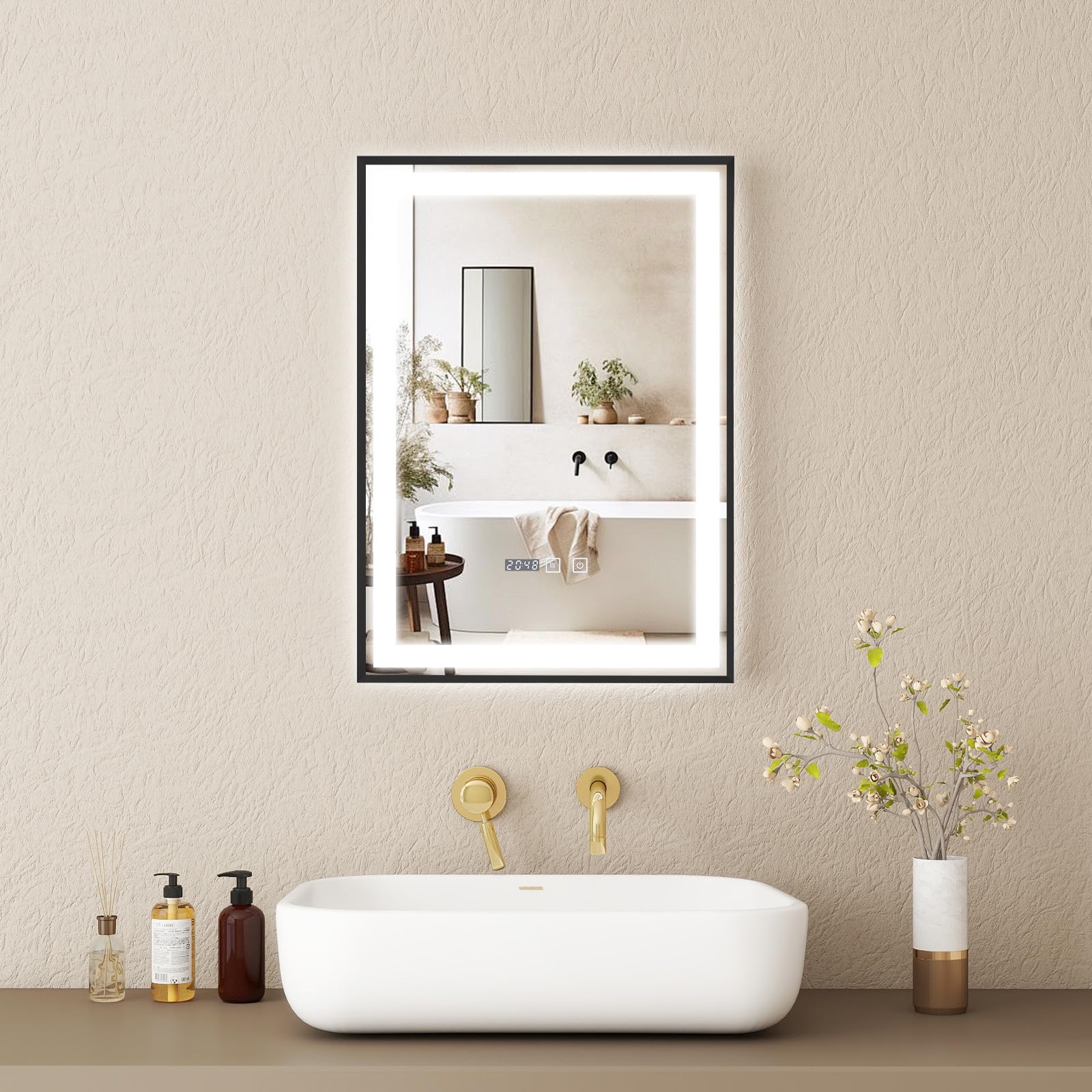 YOURLITE Badspiegel mit Beleuchtung 50x70,Badezimmerspiegel Led Badspiegel,UhrTouch-Schalter,Spiegel Bad mit Beleuchtung,3Lichtfarben Dimmbar,Antibeschlag,Wandspiegel,Speicherfunktion,Vertikal,Schwarz