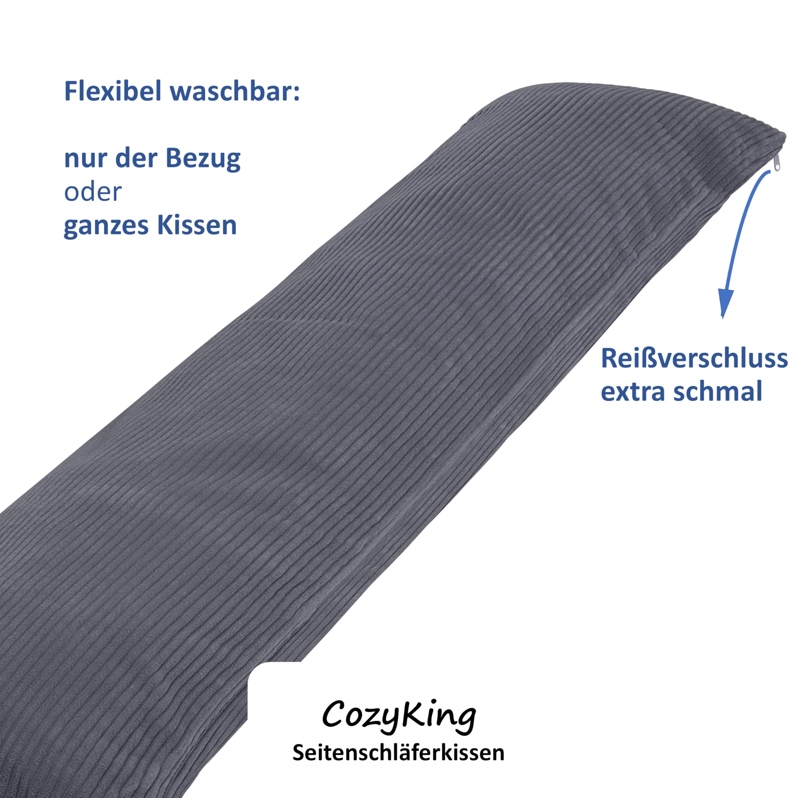 CozyKing Seitenschläferkissen mit Bezug 200 x 40 cm Cord Grau - Öko-Tex Zertifiziert - 40°C waschbar, perfekt als langes Lagerungs-Kissen u. Schlafkissen oder Schwangerschaftskissen/Stillkissen