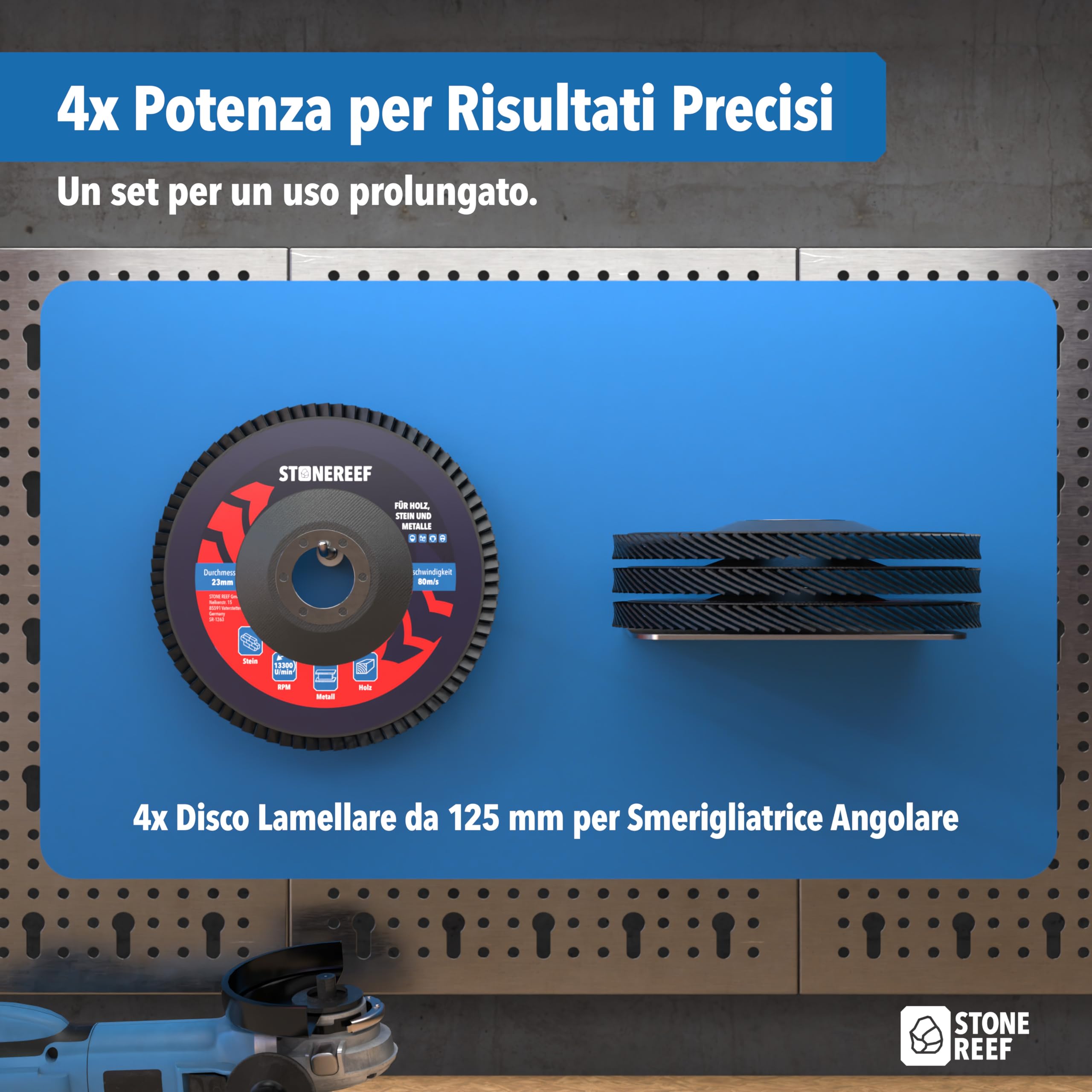 Set di 4 dischi lamellari [125 mm] smerigliatrice angolare, dischi abrasivi, dischi per sgrossatura, dischi lamellari, piastre di supporto in tessuto di vetro, levigatura precisa e sbavatura con