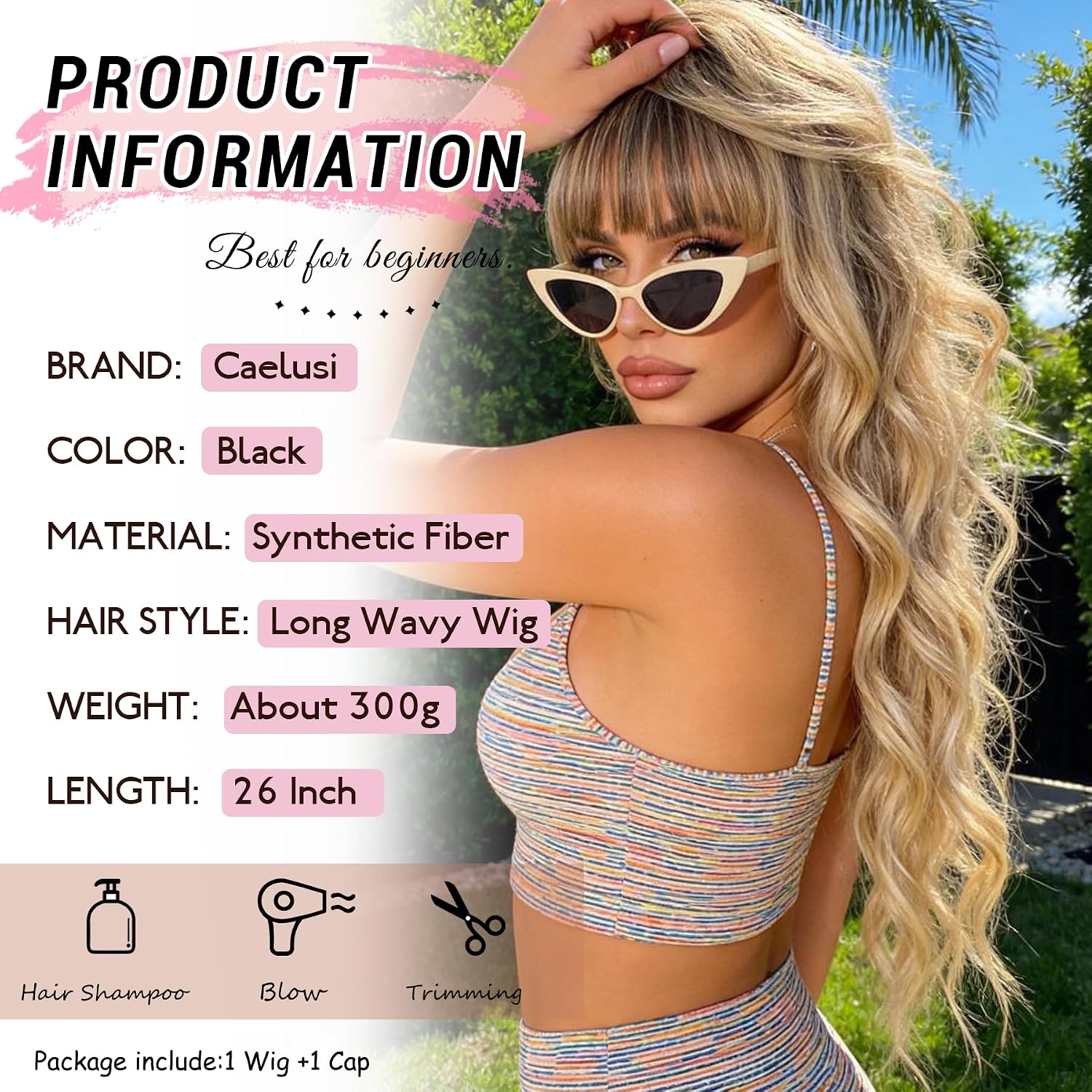 Ombre Blonde Wig with Bangs Long Wavy Dirty Blonde Wigs for Women 26 Inch Long Curly Wavy Synthetic Wig Blonde Highlight Ombre Wigs Layered Natural Looking Hair Wigs for Daily Party Costume Use