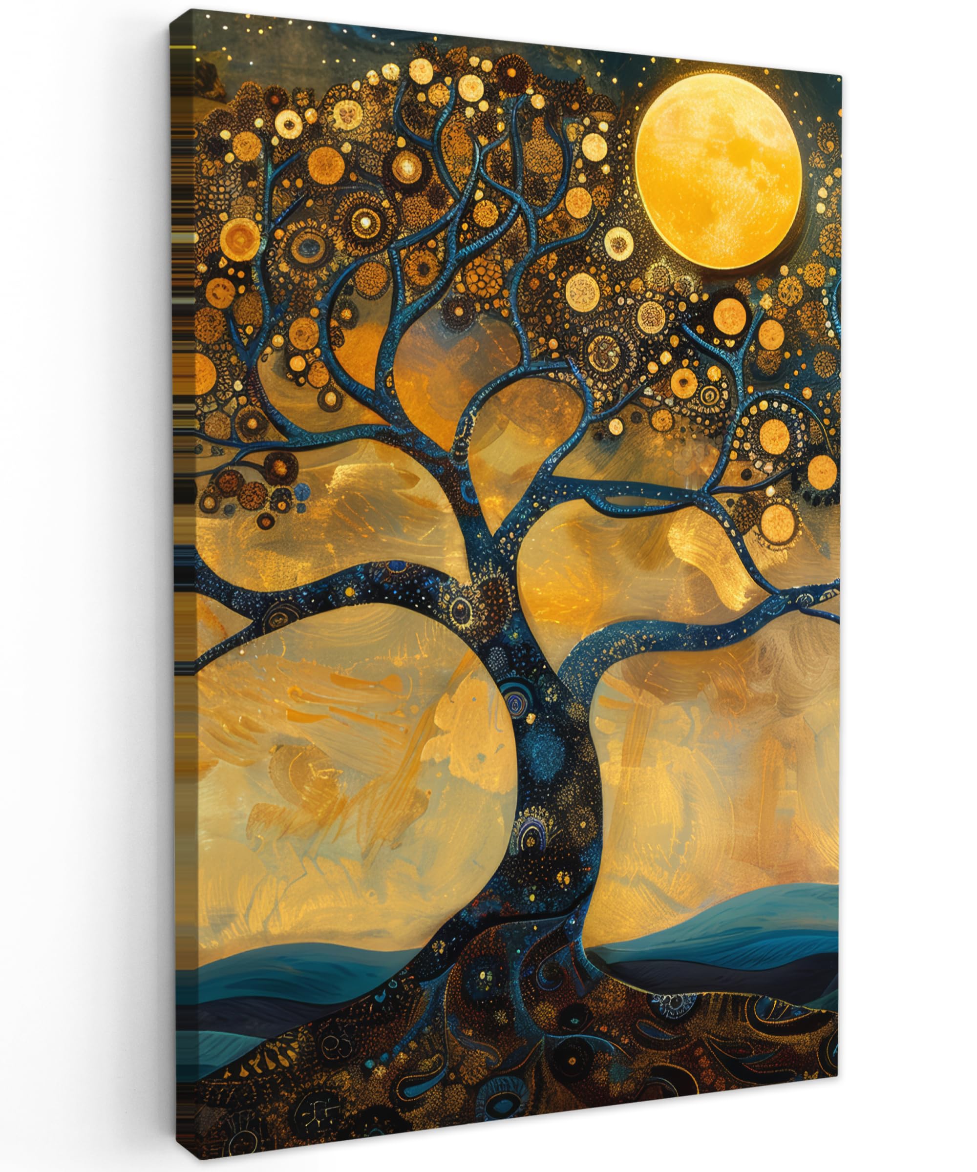 MuchoWow© Canvas Wall Art 16"x24" / 40x60 cm Decor Paintings Prints framed on Canvas Decorations Wallart Tree - Moon - Flowers - Gold - Art