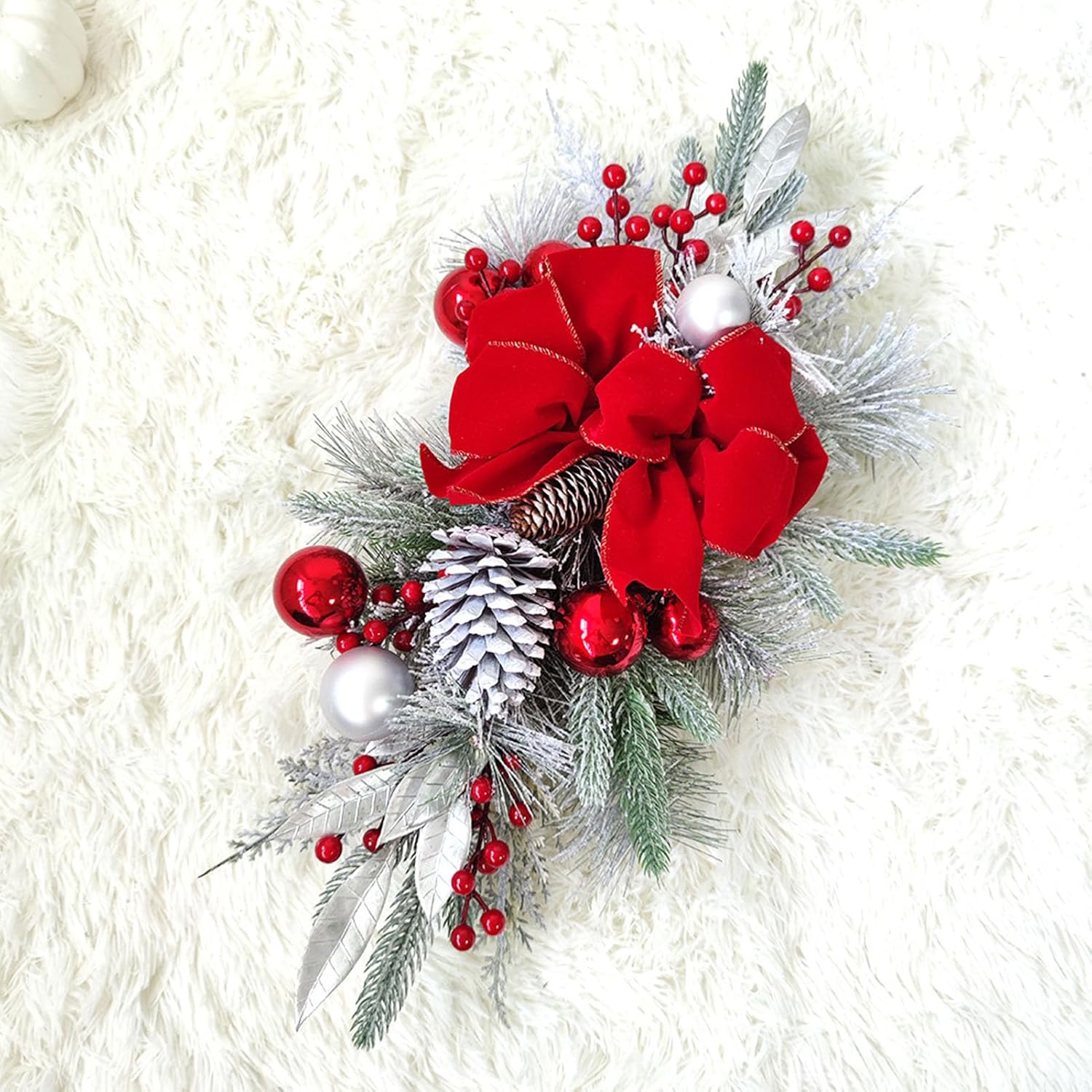 LED Christmas Teardrop Swag, Artificial Stairs Swag Garland, Pine Cones, Red Berries, Indoor and Outdoor Xmas Decoration with Snow, Rattan, PVC Material, 60x30cm (Red Without