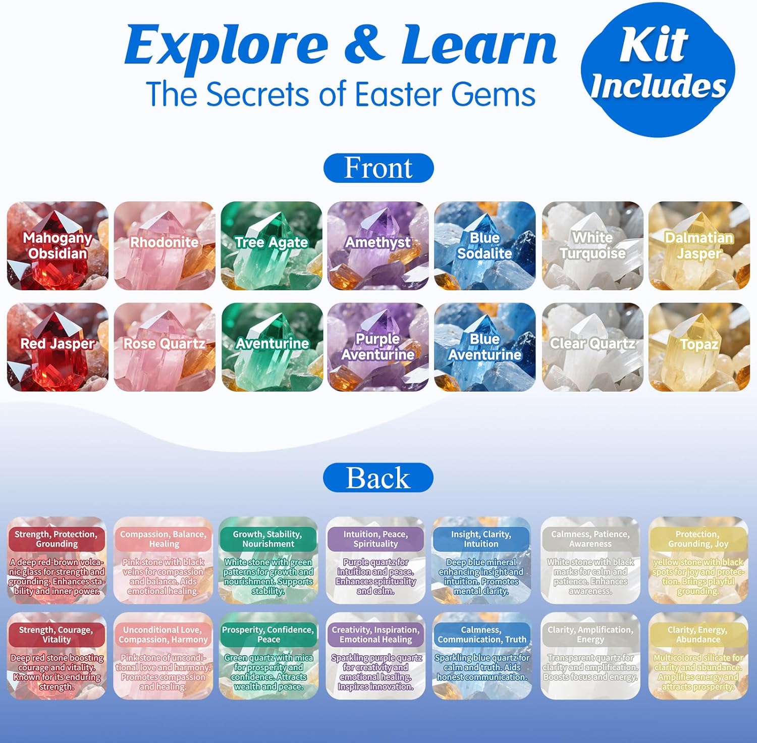 MEADIN 28 Pack Prefilled Easter Eggs with Gemstones - Filled Easter Clear Eggs with Natural Gems Crystal & Guide for Kids Easter Egg Hunting Party Favors