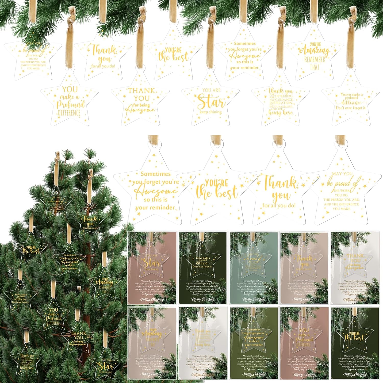 100 Sets Thank You Gifts Office Christmas Ornament for Team Acrylic Xmas Hanging Plaque with Card Employee Appreciation Gift for Coworker Nurse Teacher Staff Group Xmas Tree Decor (Clear)