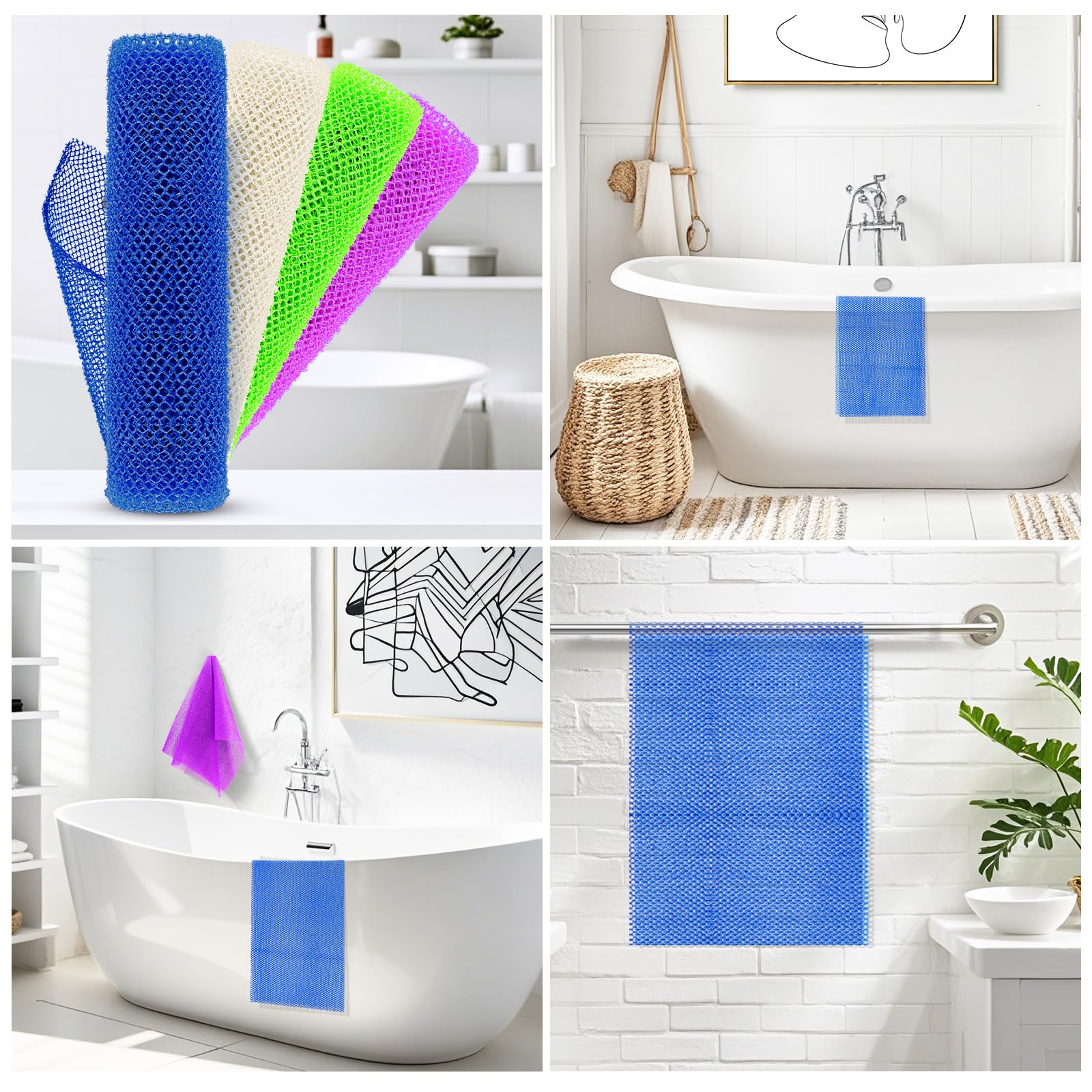 SpiralScgv 4 Pieces African Net Sponge – Effective Deep Cleansing and Exfoliating Mesh for Glowing Skin – Stretchable, Quick-Dry Exfoliating Bath Sponge(Blue, Green, Purple, White)