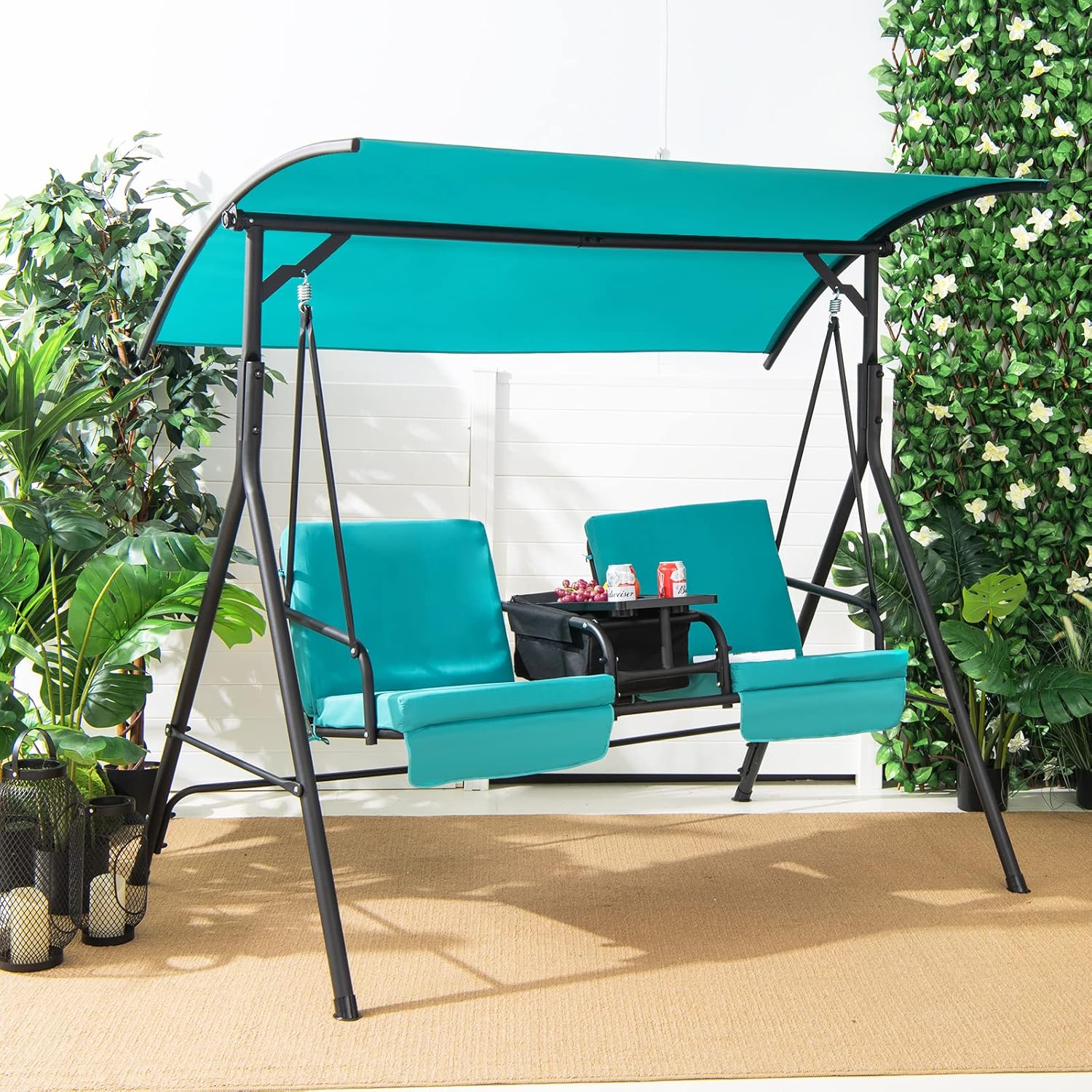 Tangkula 2 Person Porch Swing, Pivot Storage Table, Cooler Bag, 2 Cup Holders, Removable Cushions, Outdoor Patio Swing with Canopy for Backyard Balcony Poolside (Turquoise)