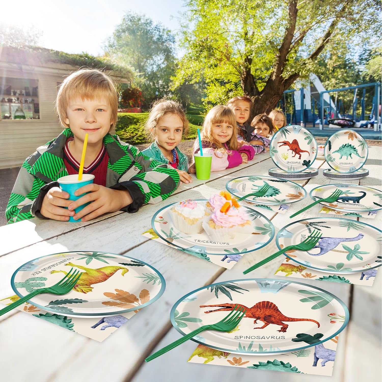 96PCS Dinosaur Birthday Paper Plates Napkins and Forks for Kids Watercolor Dino Party Disposable Supplies Dinosaur Themed Tableware Set for Baby Shower Dino Theme Summer Party Dinnerware Decorations