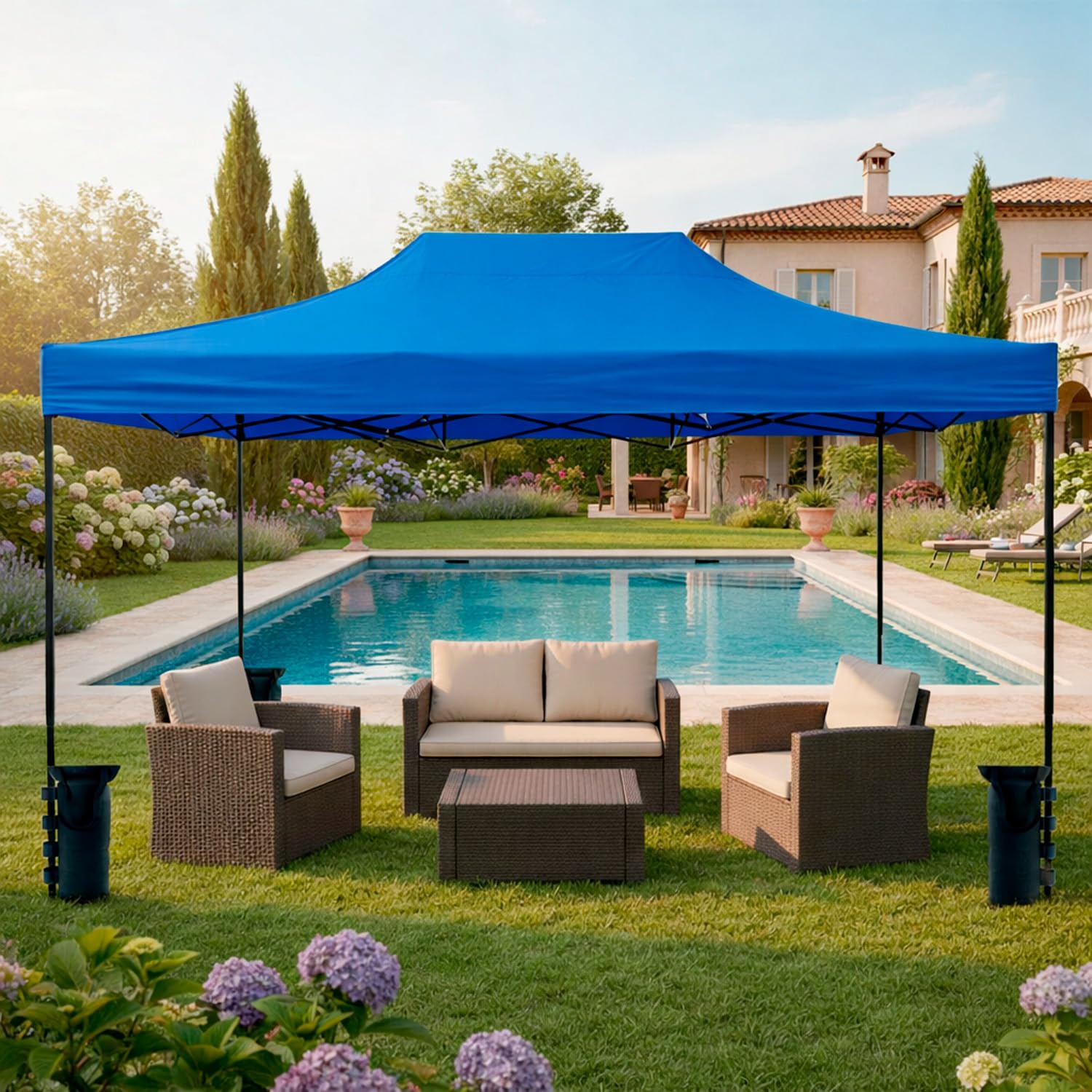 Gazebo Professionale 3x4.5 M Richiudibile Automatico In Acciaio Con Telo Oxford 1200D PVC Impermeabile e Anti UV Struttura a Fisarmonica con Sacche Zavorra e Borsa Trasporto Sagre Feste (Blu)