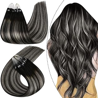 Ugeat 22 Inch Micro Loop Human Hair Extensions Balayage Natural Black and Sliver Ombre Black Hair Extensions Mciro Beads Real Human Hair Extensions 50g #1B/Silver/1B