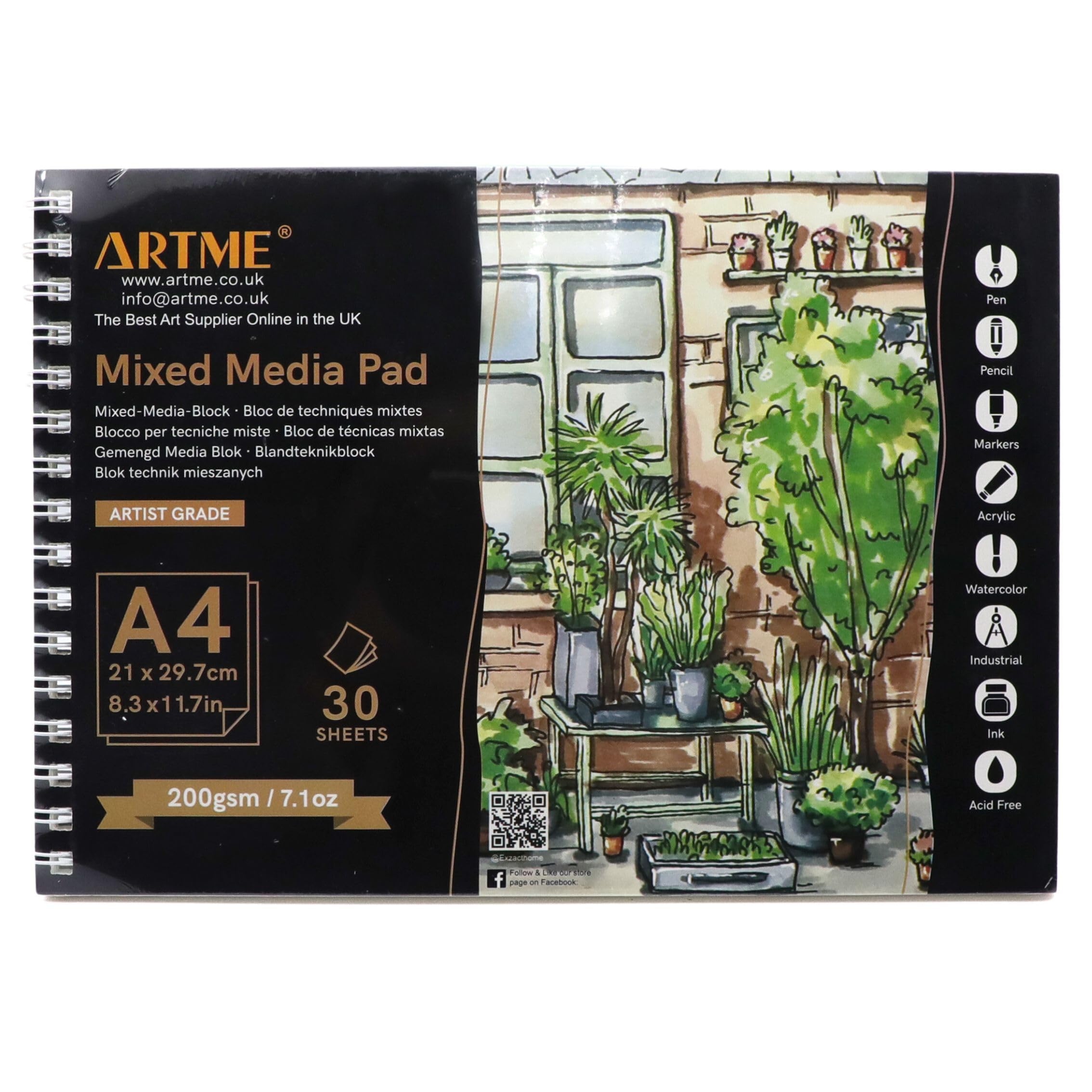 Artme A4-1Pk A4 Mixed Media Pad 1Pk, 30 Sheets 200Gsm, Spiral Bound, With Tearing Cut Lines, Sketchbook For Drawing And Painting (A4-1Pk)