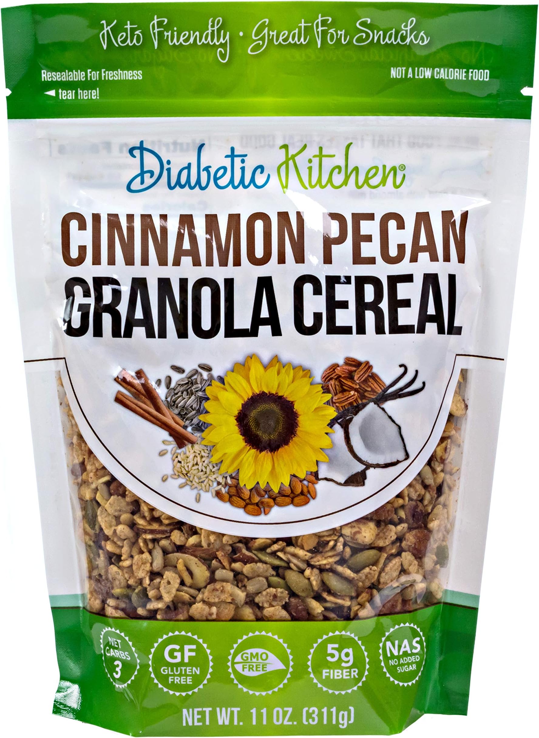 Diabetic Kitchen Cinnamon Pecan Granola Cereal - Low Carb Snacks w/Prebiotics & No Added Sugar - No Erythritol, 3 Net Carbs & Gluten-Free