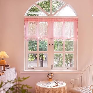 Deeprove Pink Boho Curtain Valance 18 Inch Length for Kitchen Cafe Short Bohemian Sheer Lace Crochet Curtain Knitting Tassel for Girl Nursery Bedroom Vintage Window Treatment Decor W59 x L18, 1 Panel - Buy now