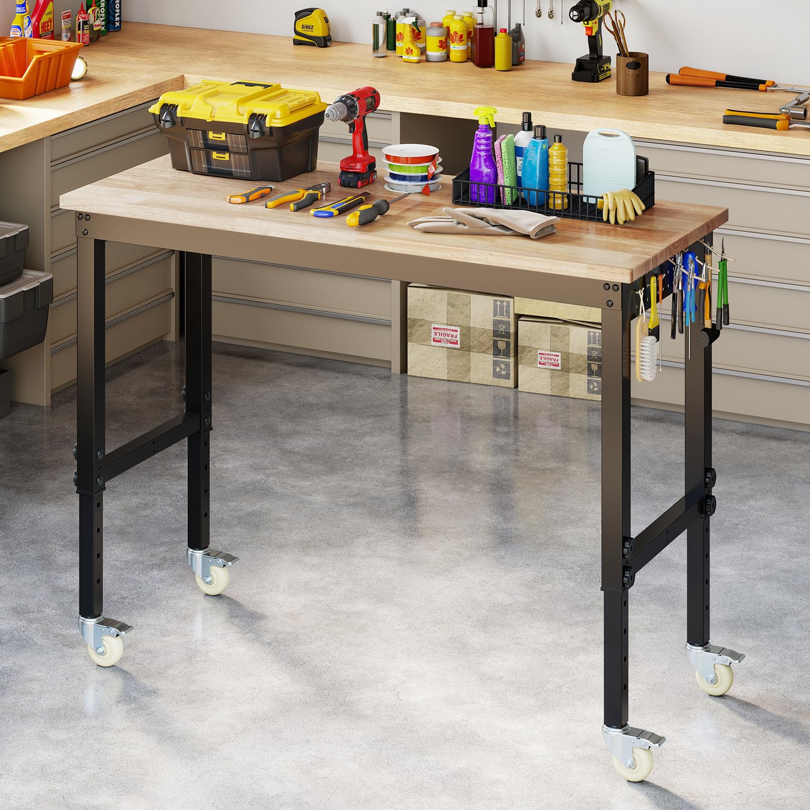 COSTWAY Verstellbare Werkbank mit Rollen, Werkstatt Arbeitstisch aus Gummi Holz mit 2 Lochplatten & Metallrahmen, 1100 kg Tragkaft, Werkbanktisch Werkzeugtisch mit 122cm Arbeitsfläche für Garage Büro