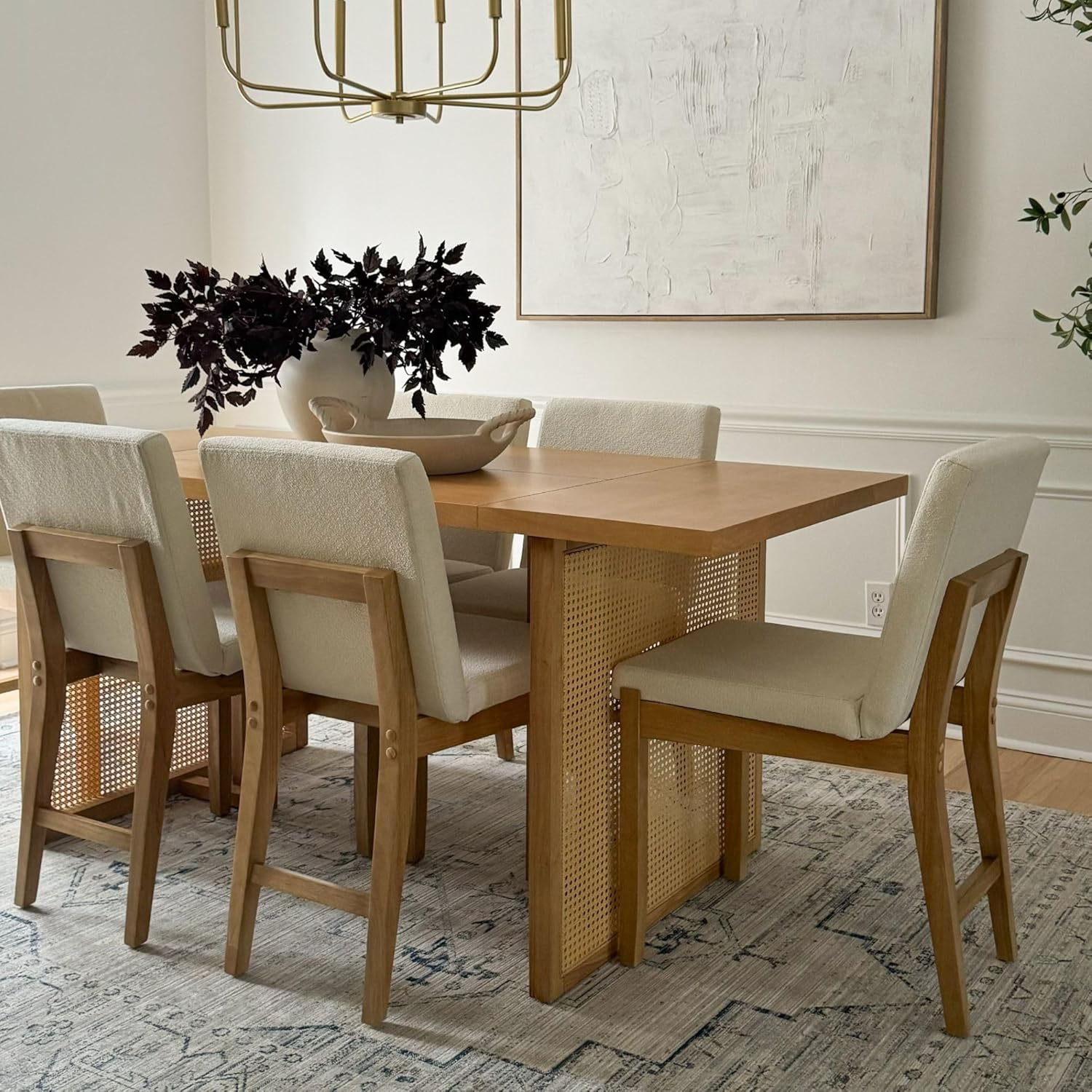 Nathan James Willow Boho Dining Table for 6 with Solid Wood Legs, 6-Person Natural Wood Dining Table, Warm Pine or Brown with Bohemian Rattan Accent