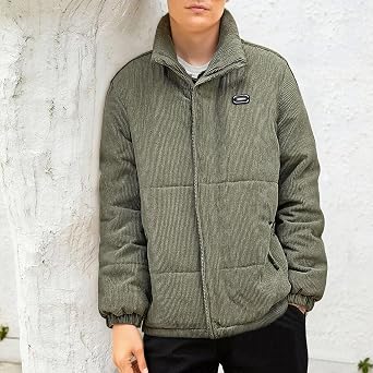 Mens Bubble Puffer Corduroy Jacket Vintage Stand Collar Zipper Plush Coat Fall Ribbed Tops Down Outerwear