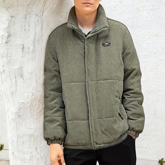 Mens Bubble Puffer Corduroy Jacket Vintage Stand Collar Zipper Plush Coat Fall Ribbed Tops Down Outerwear